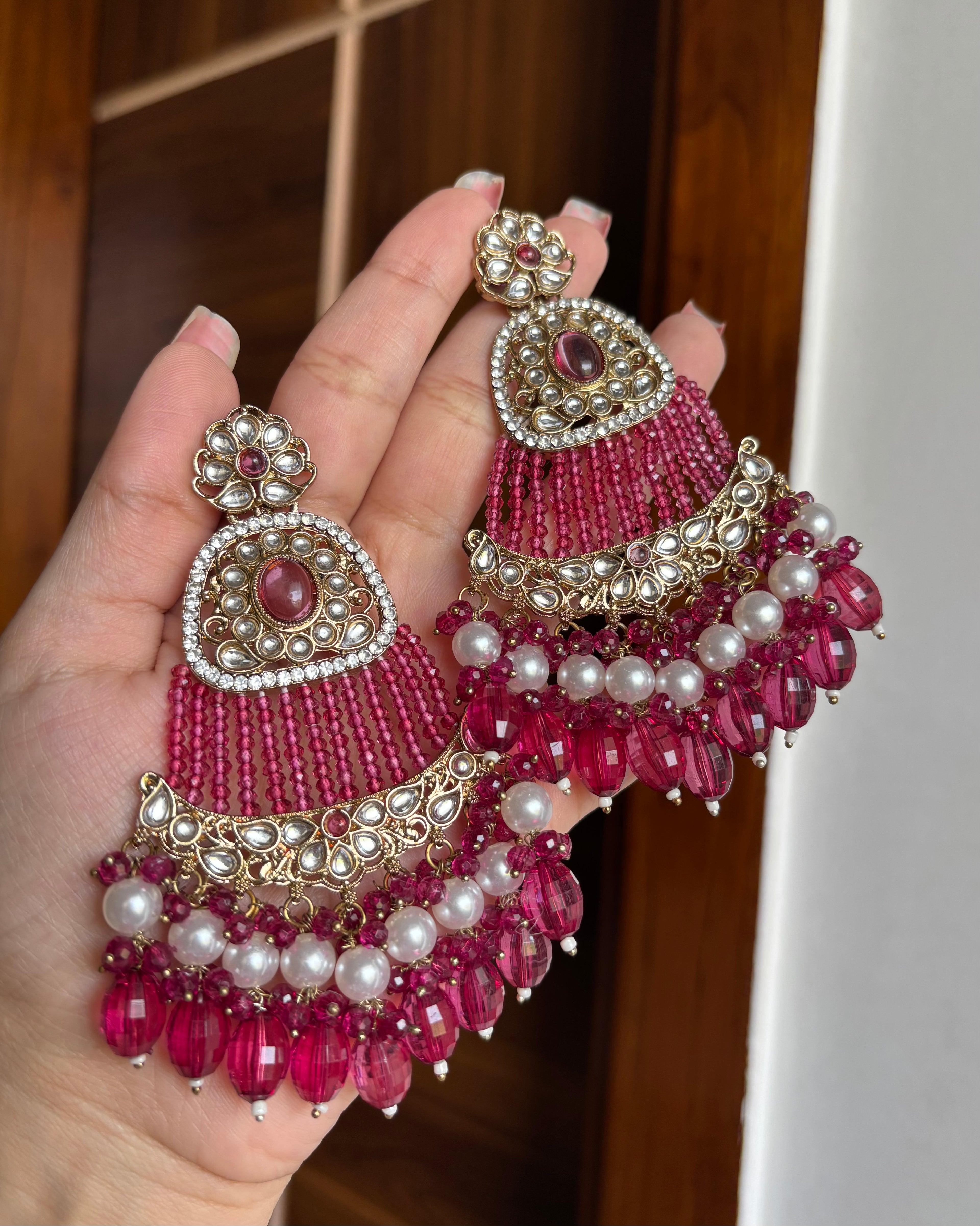 High Quality Designer Mughal Long Earrings (Wine)