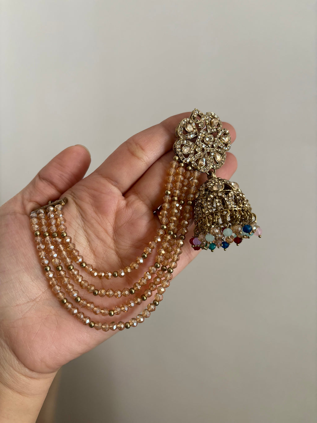 Multi  Flower Crystal Work Mang Tikka With Jhumkas & Side Layers