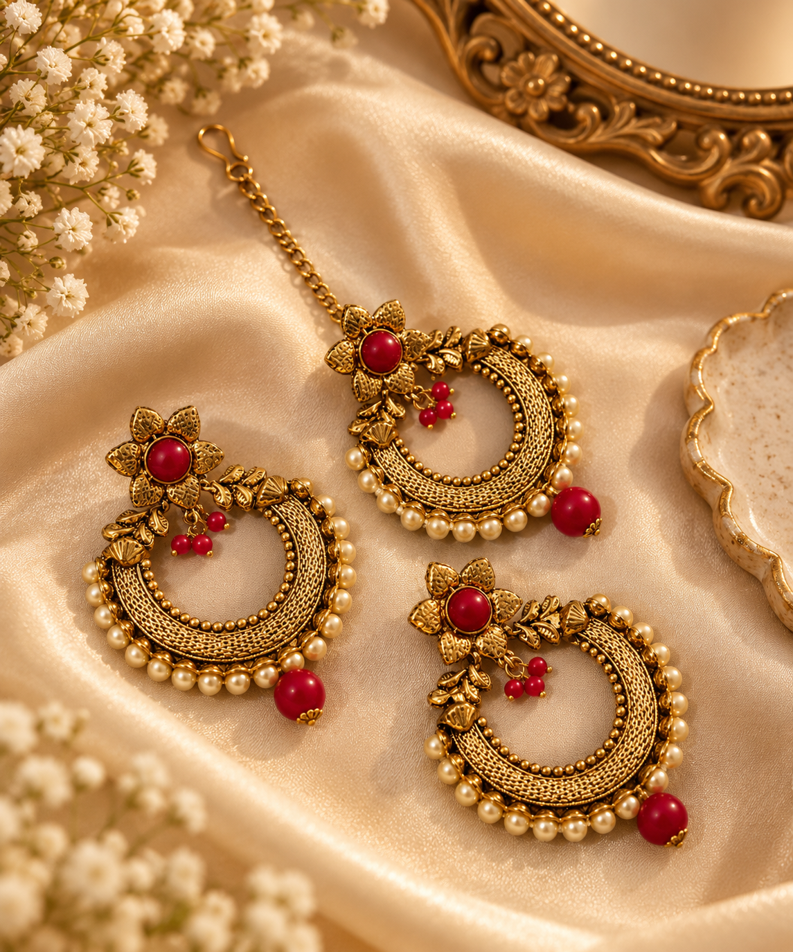 Red Mang Tikka With Chandbali Style Earrings