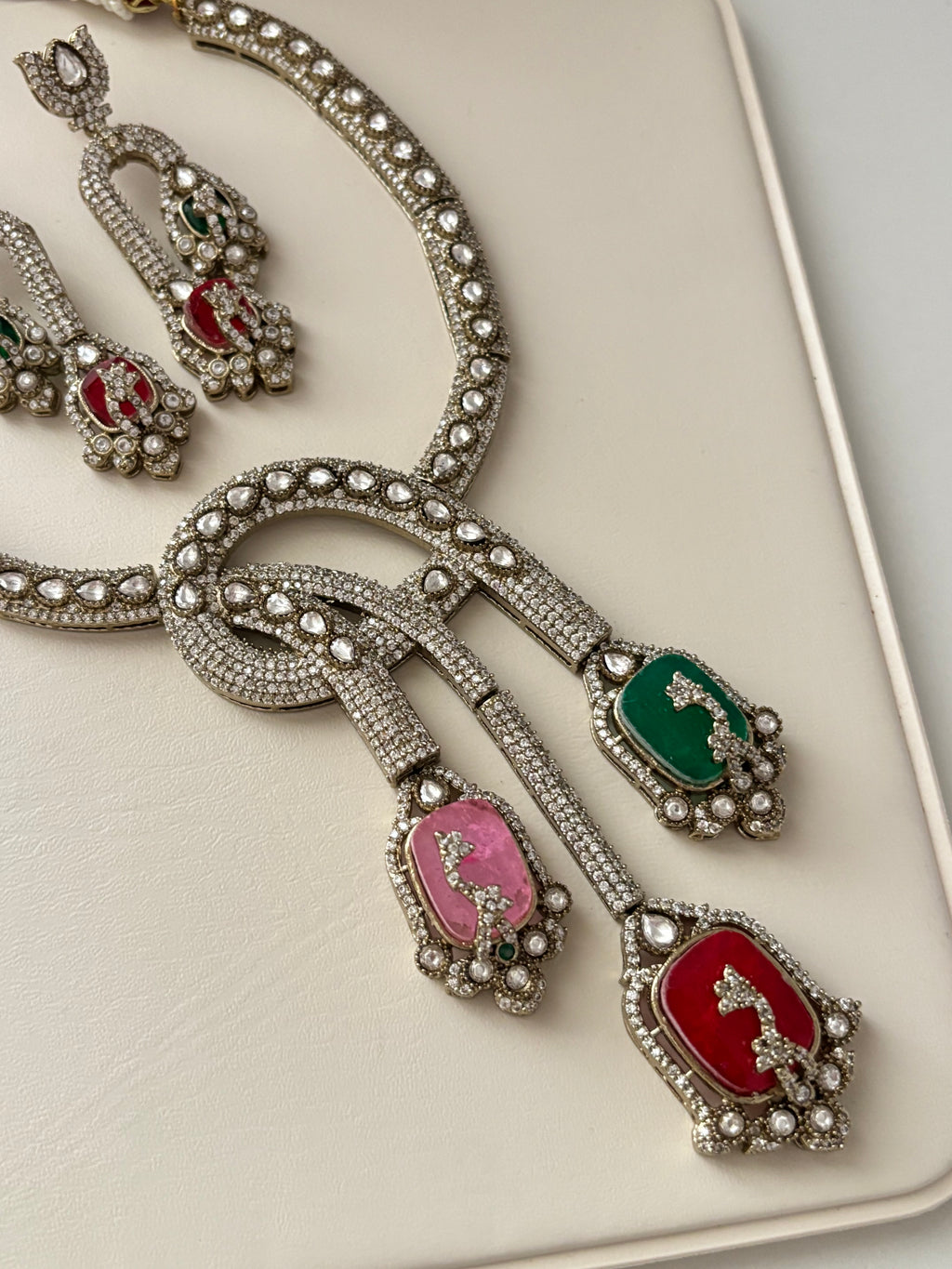 Statement Designer Twist Moissanite & Doublet Stones Work Necklace With Earrings