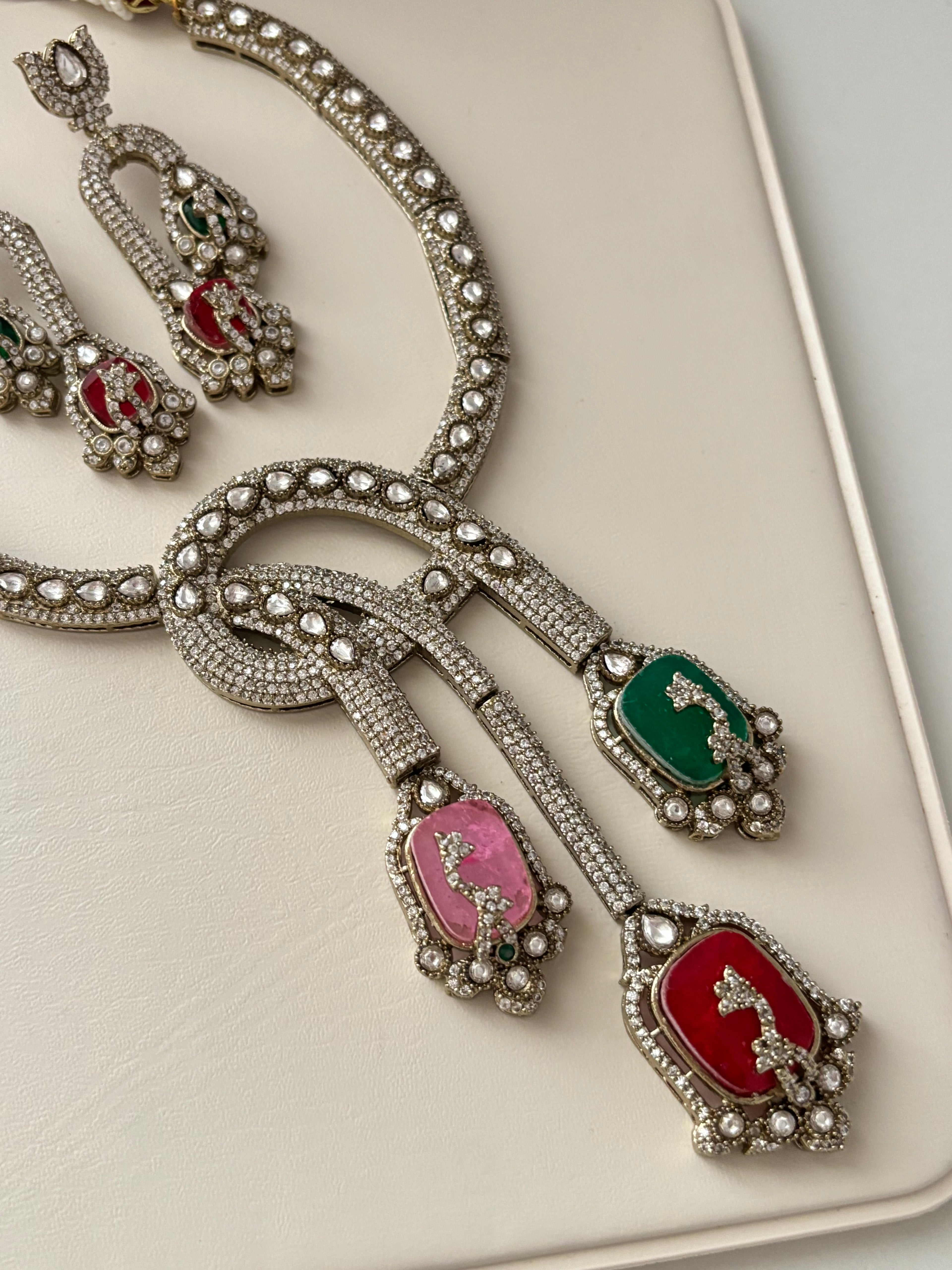 Statement Designer Twist Moissanite & Doublet Stones Work Necklace With Earrings