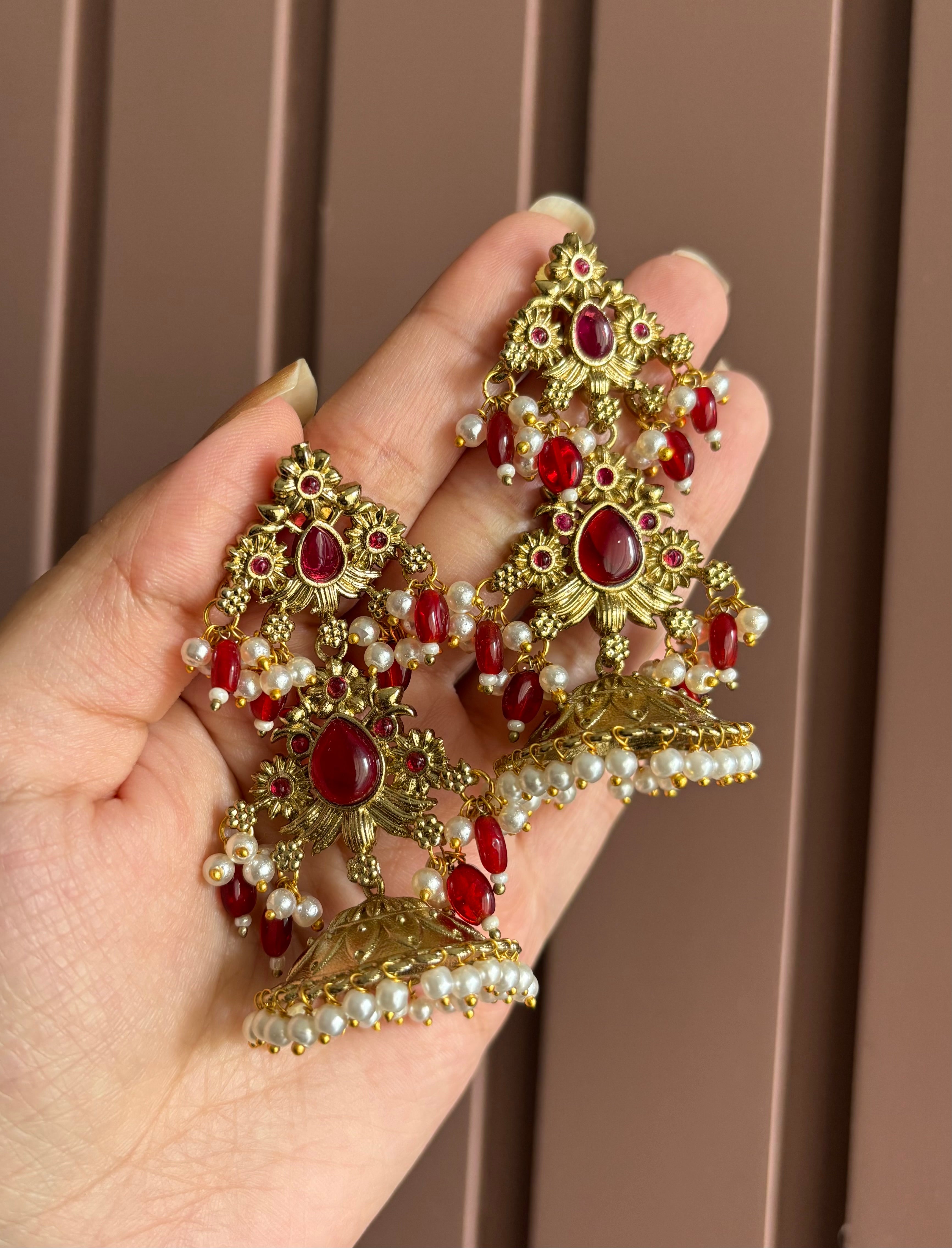 Mansi Designer Brass Jhumkas (Ruby)