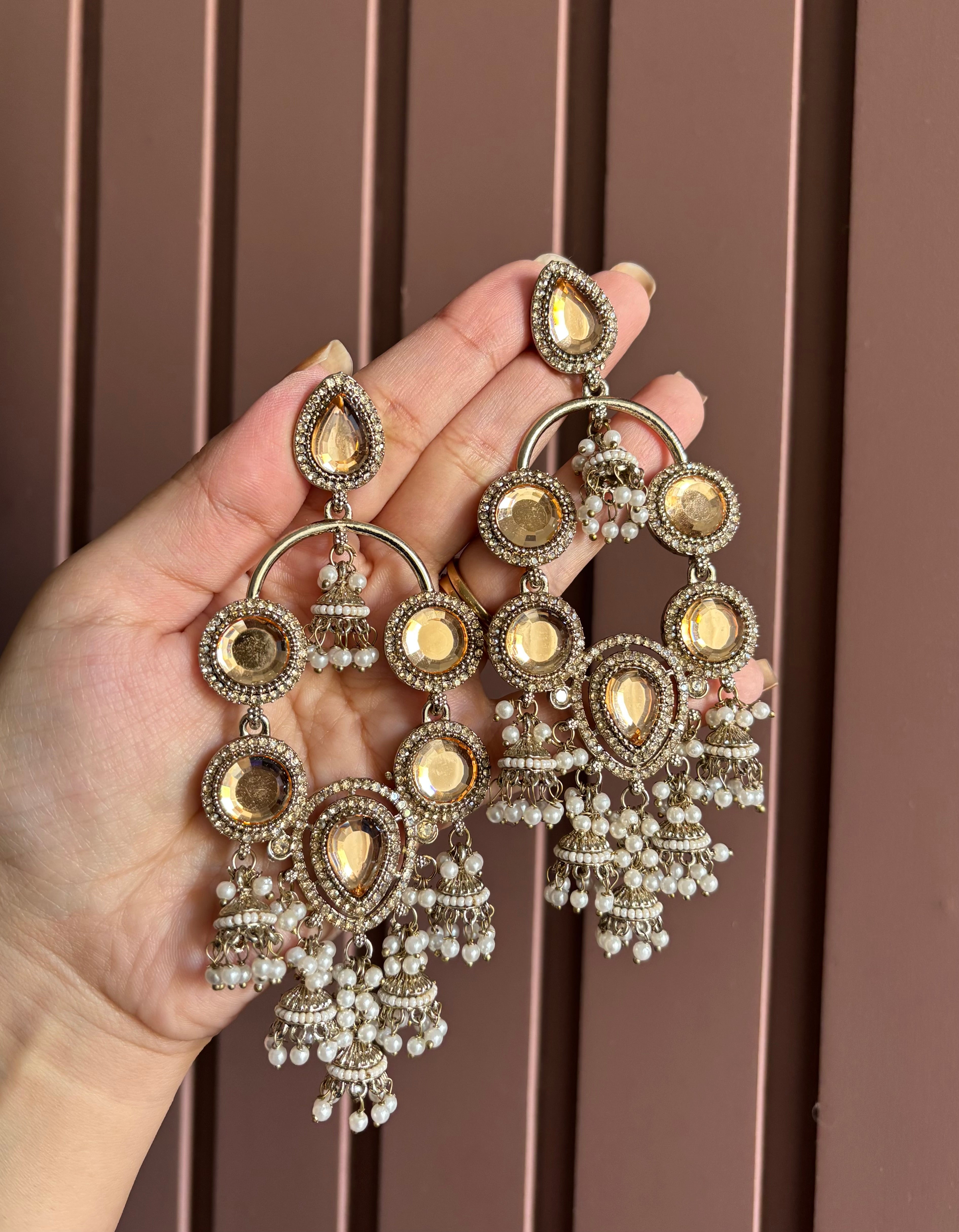 High Quality Designer Champagne Long Earrings