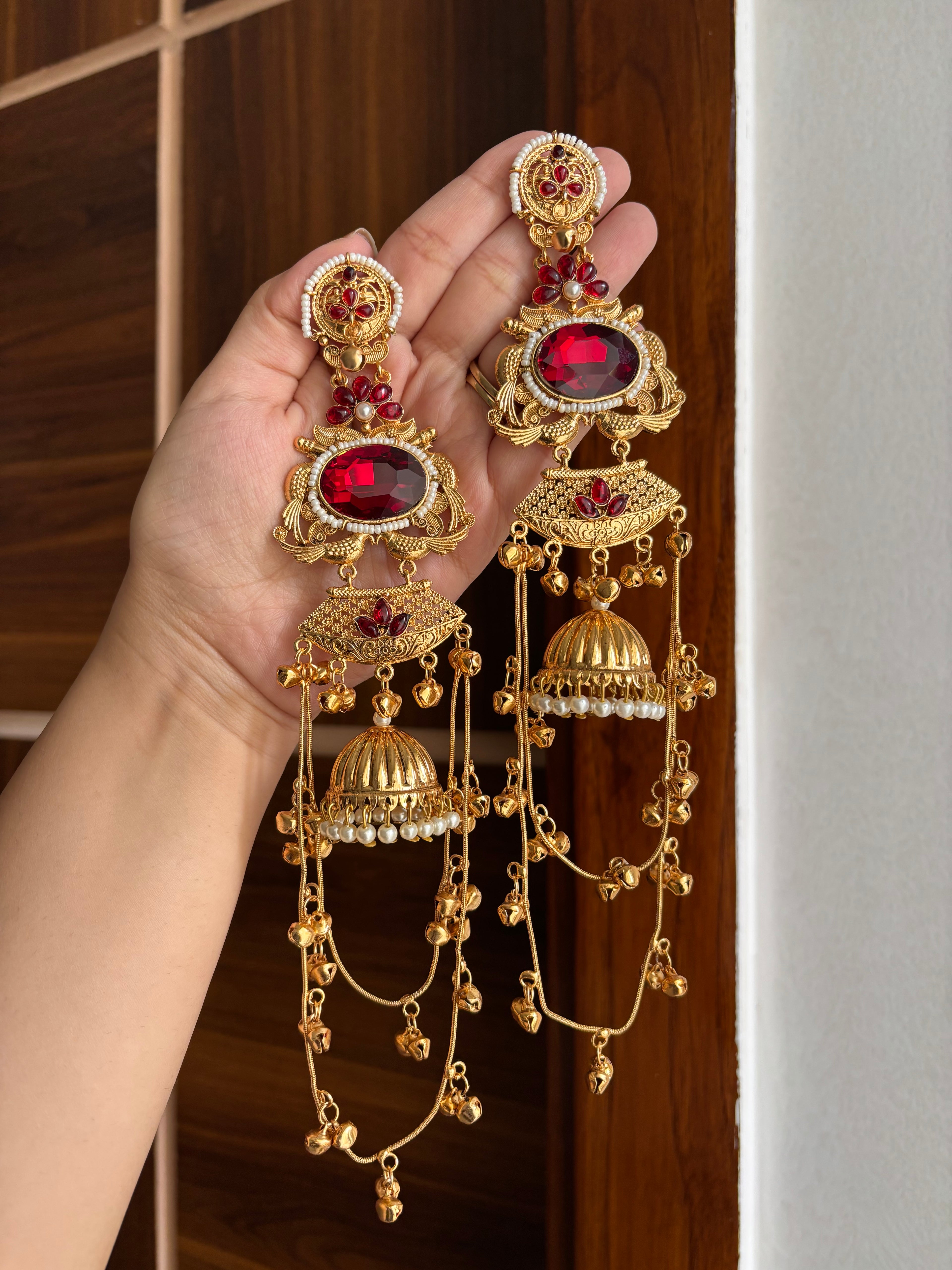 Tulsi Kashmiri Long Earrings (Maroon)