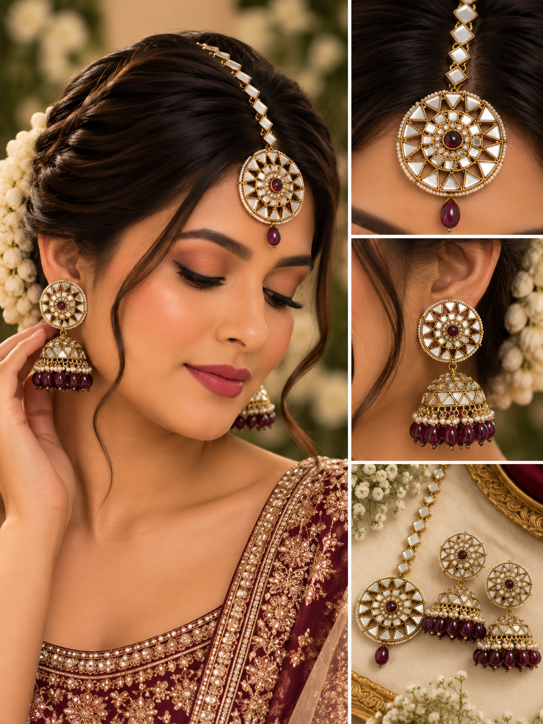 Full Mirror Work Mang Tikka With Jhumkas (Purple)