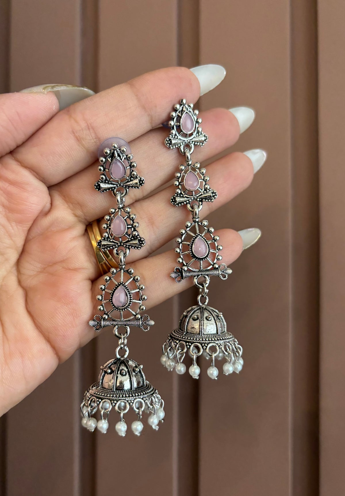 Kajal Silver Jhumkas (Pink)