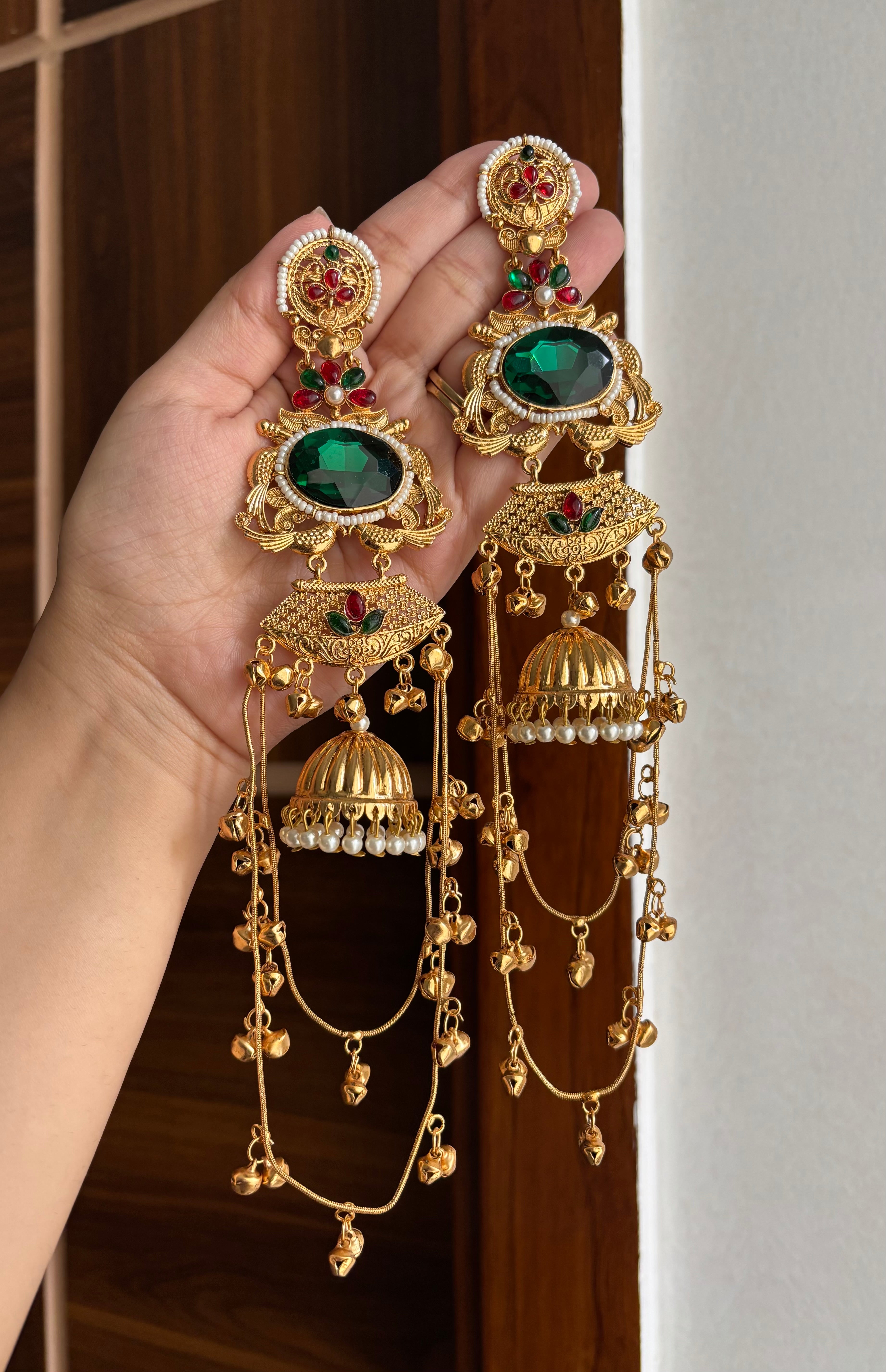 Tulsi Kashmiri Long Earrings (Maroon & Green)