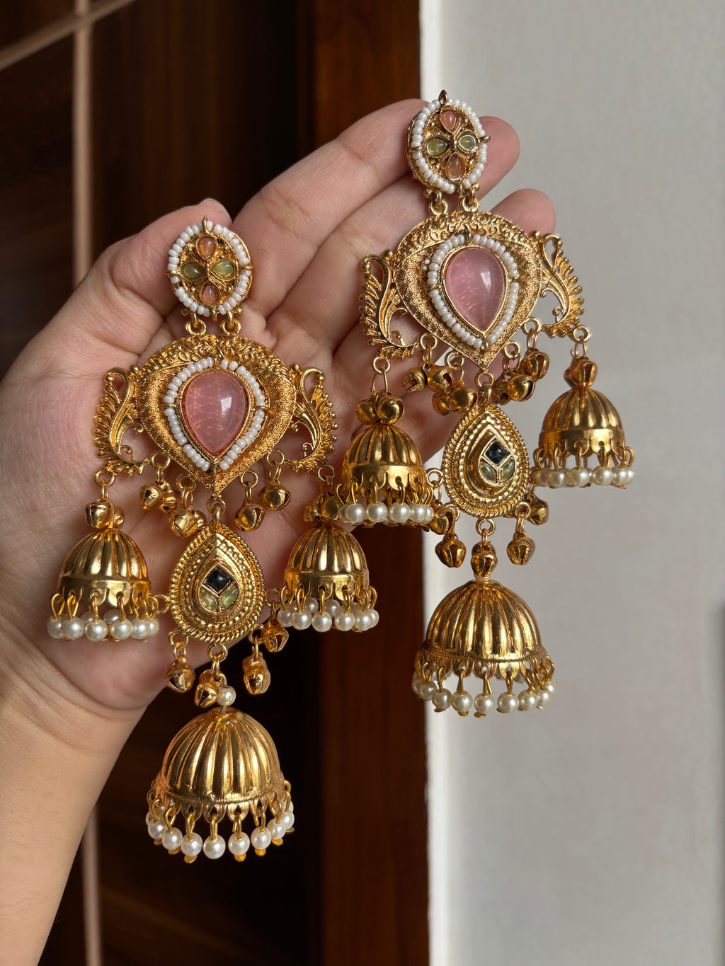 Rashmika Kashmiri Jhumkas With Detachable Earchain (Pink)