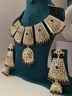Royal Black Jadau Heavy Look Necklace With Mang Tikka & Long Earrings