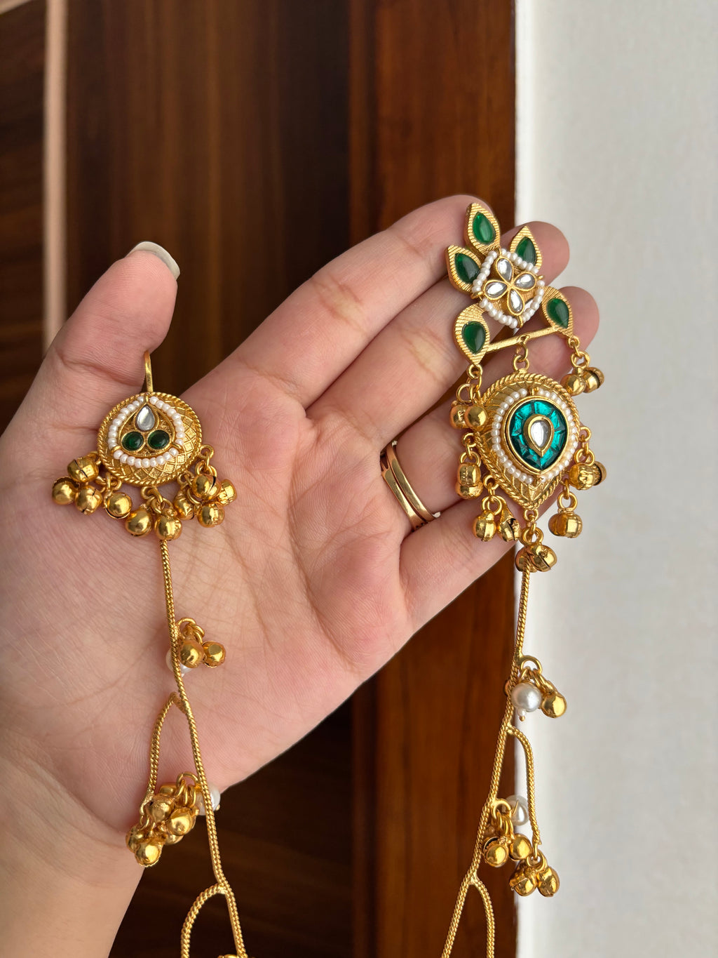 Noor Brass Earrings With Side Layers (Green)