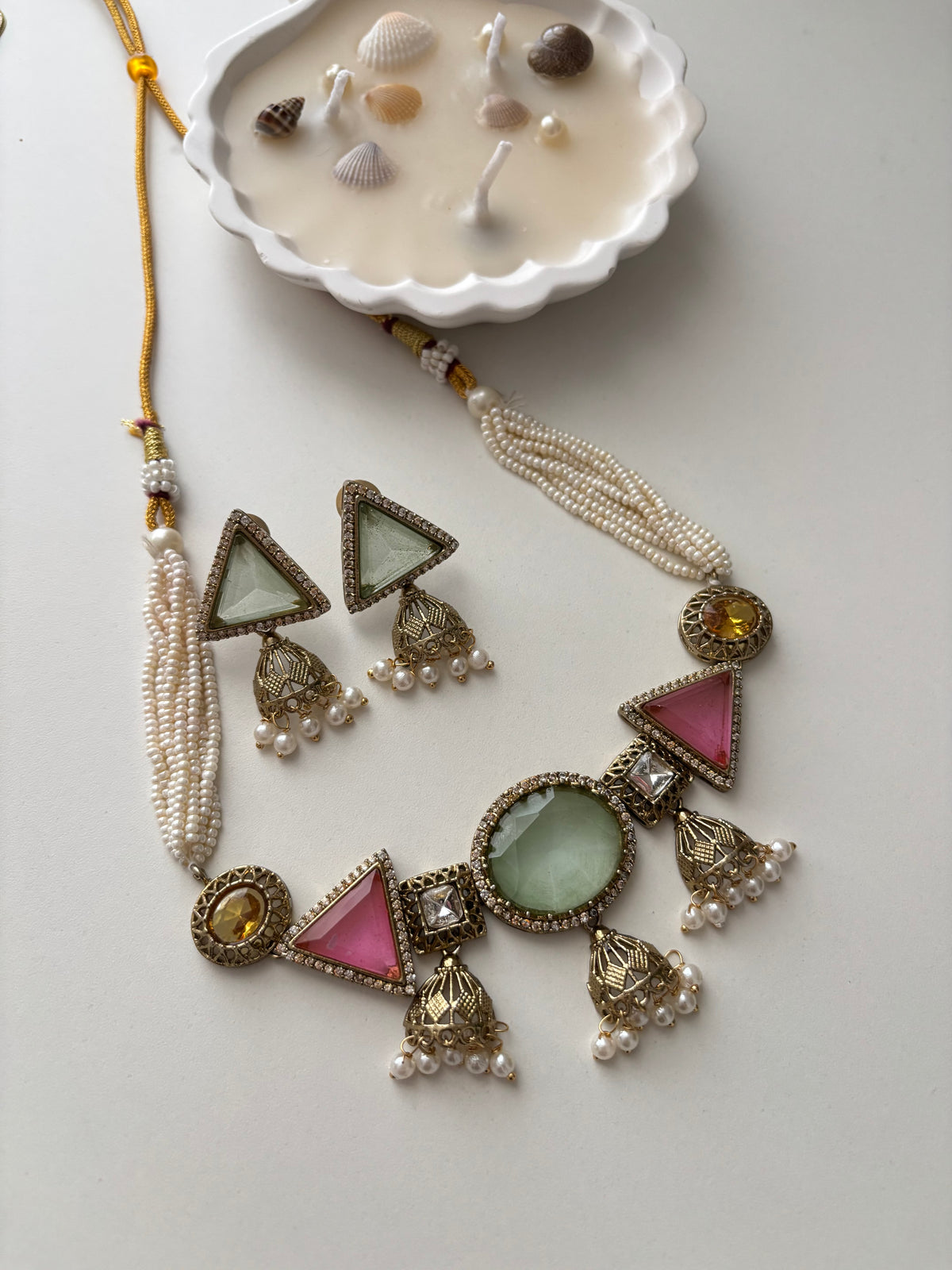 Jazz Doublet Stone Work Choker With Earrings (Pink/Mint)