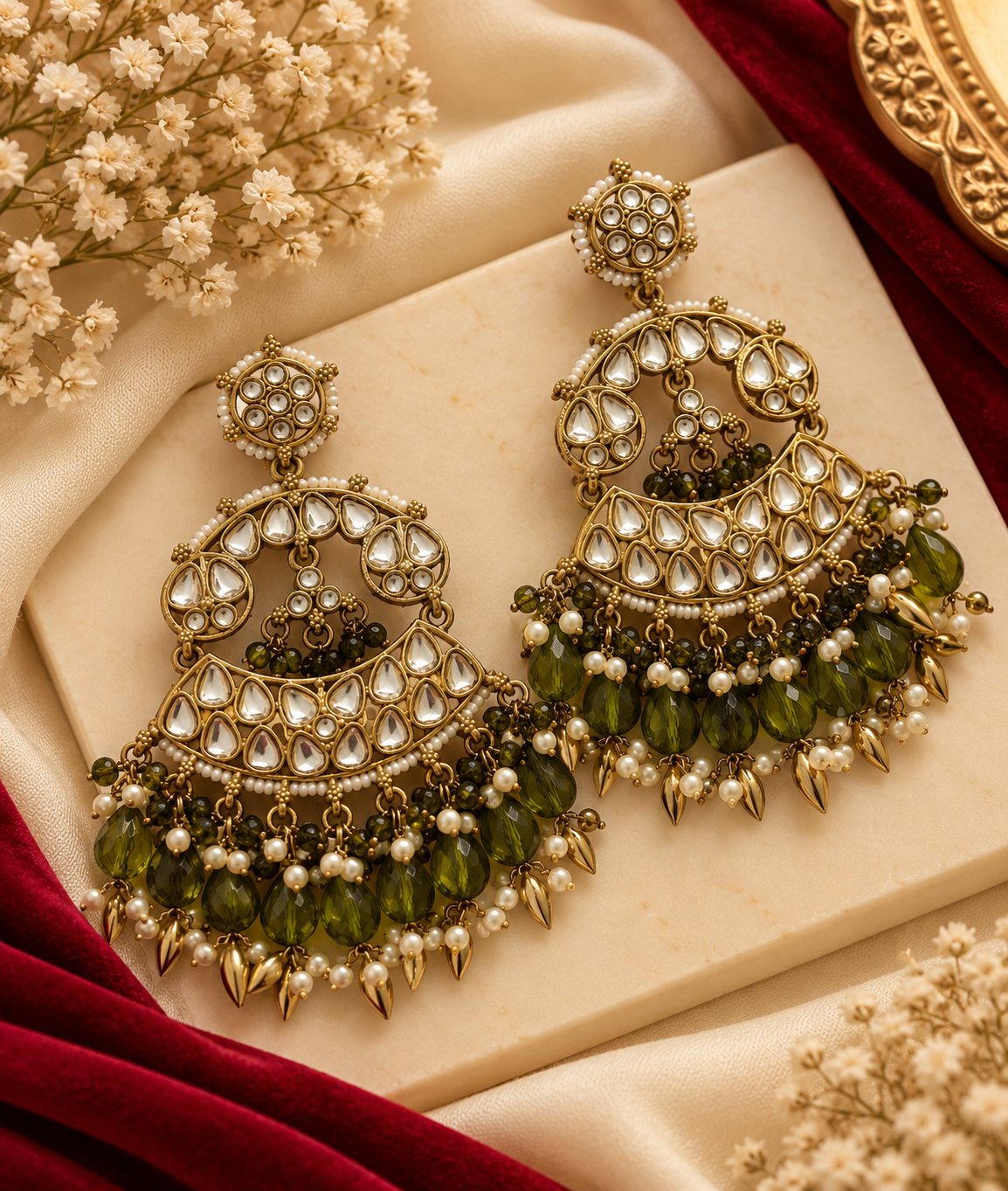 Varsha Kundan Earrings (Olive)
