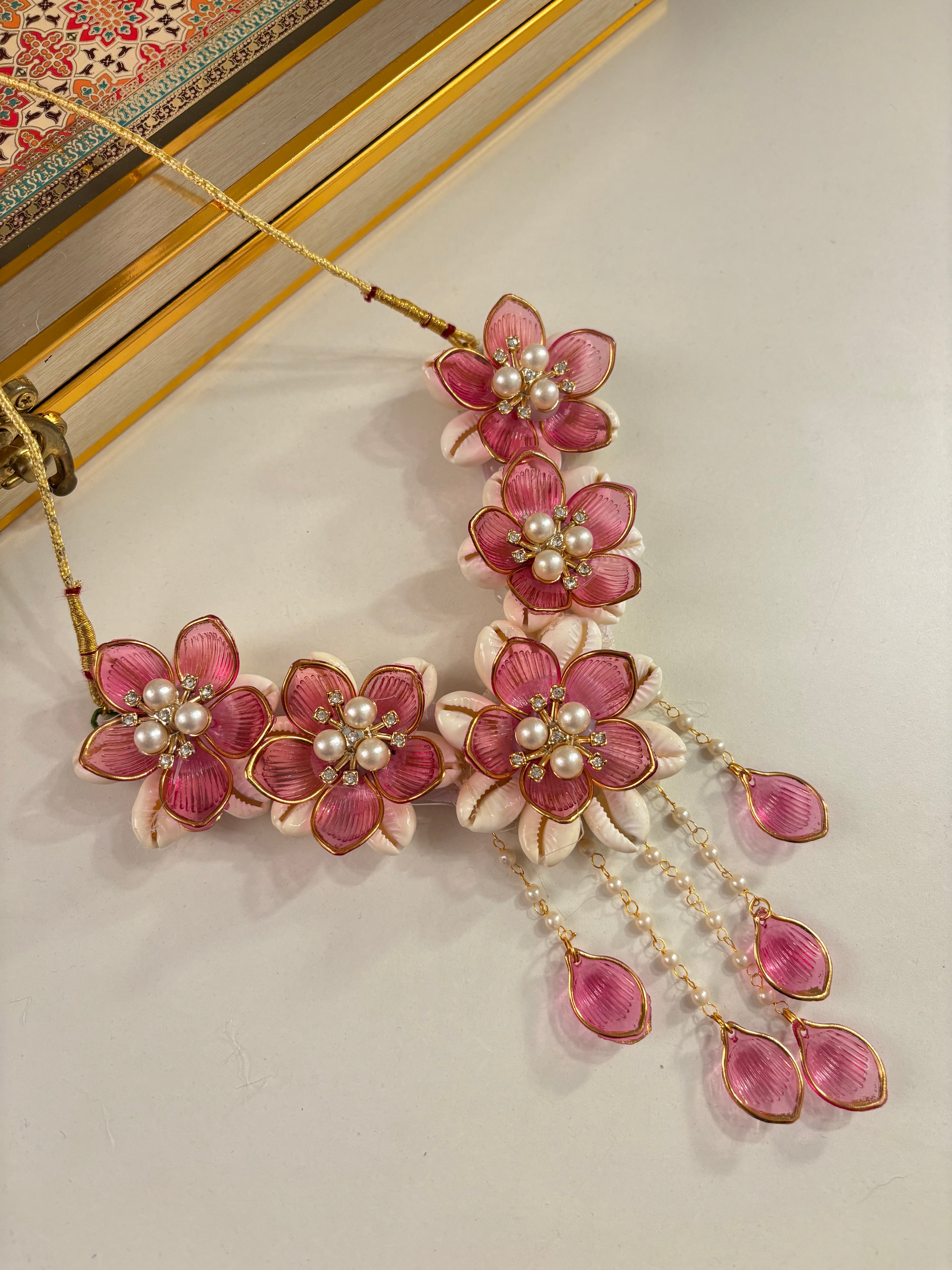 Rose Petal & Mogra Touch Necklace With Mang Tikka & Earrings With Side Layers (Light Wine)