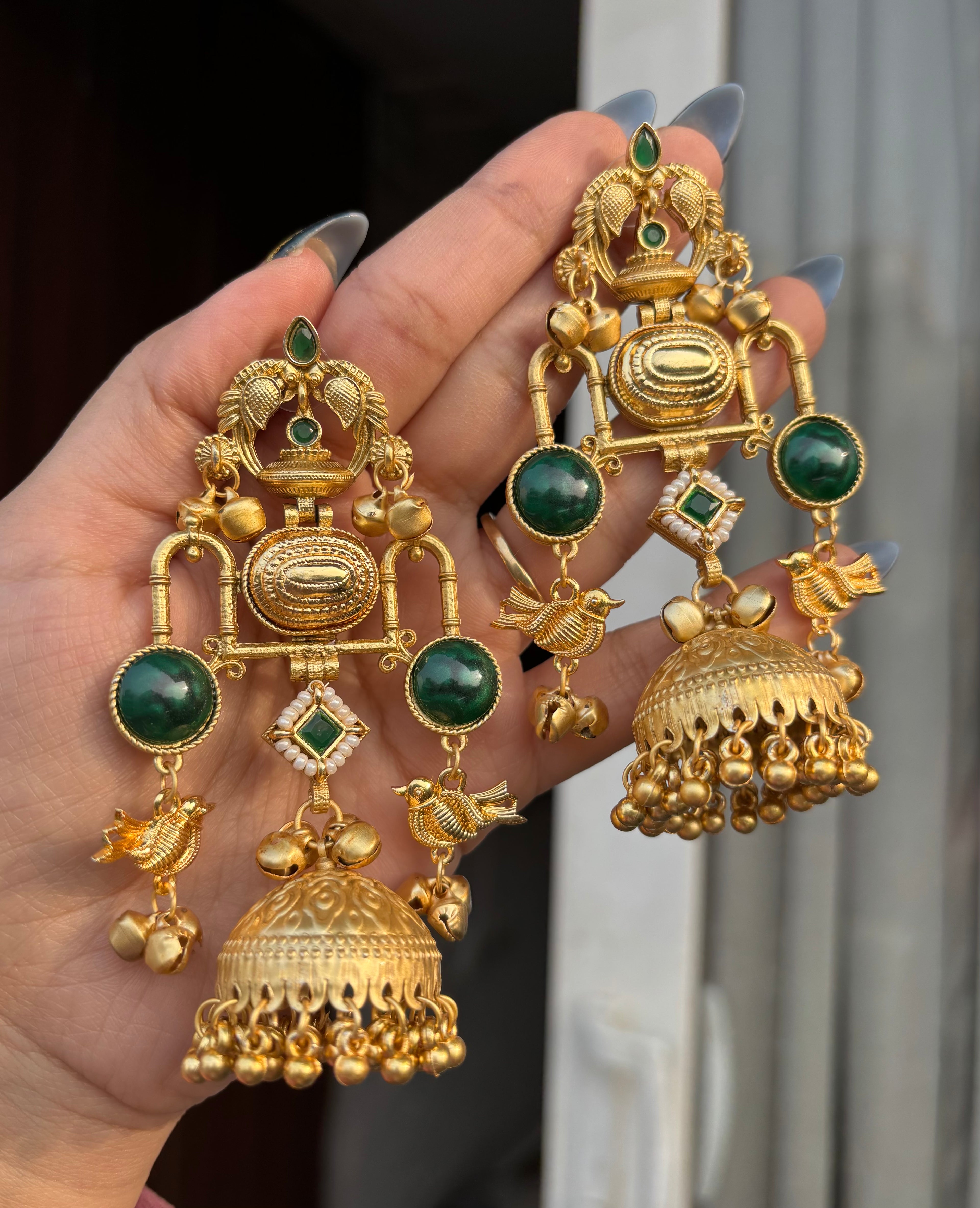 Green Bird Golden Kashmiri Statement Jhumkas
