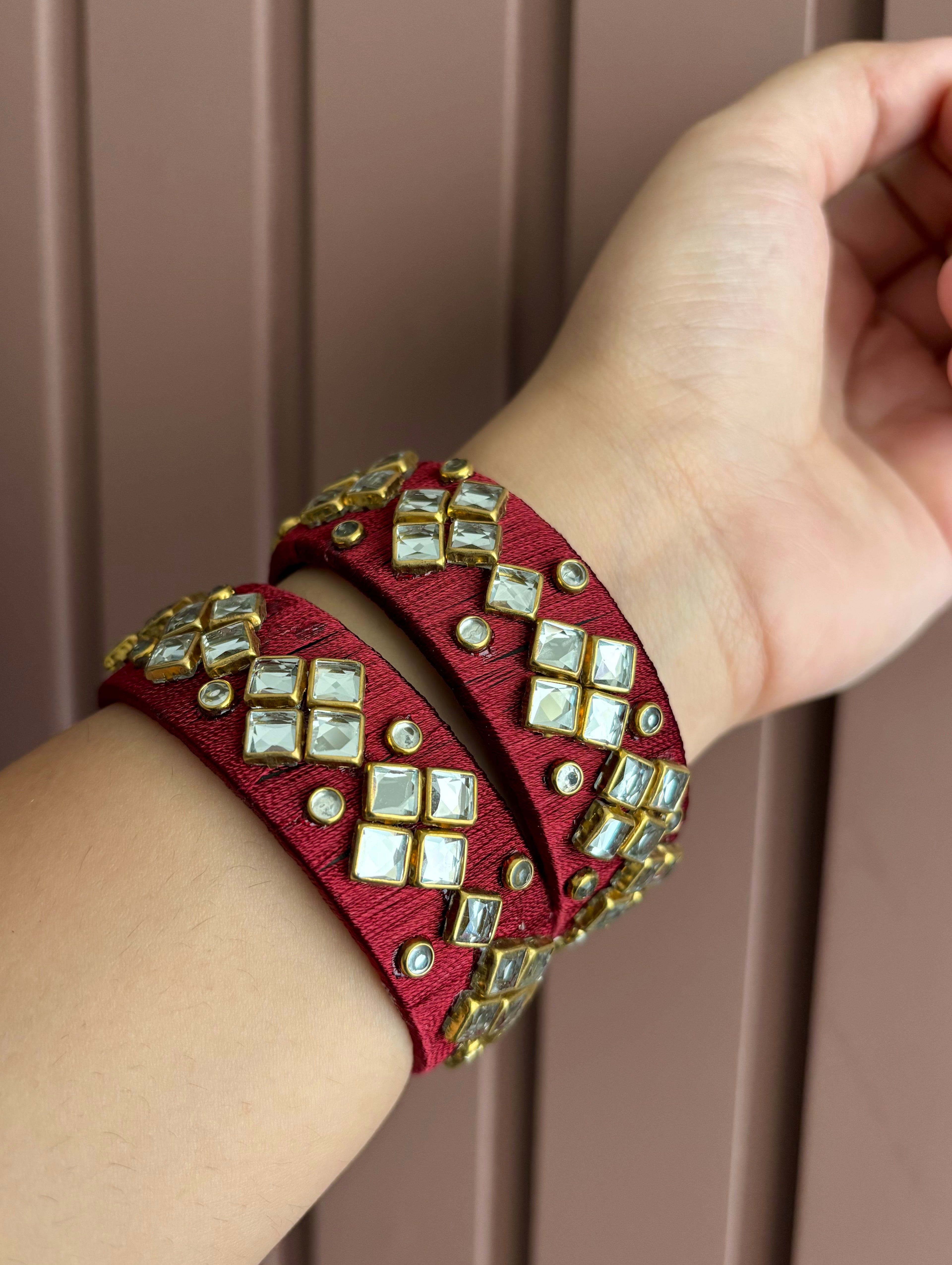Silk Thread & Kundan Work Bangles Pair ( Maroon )