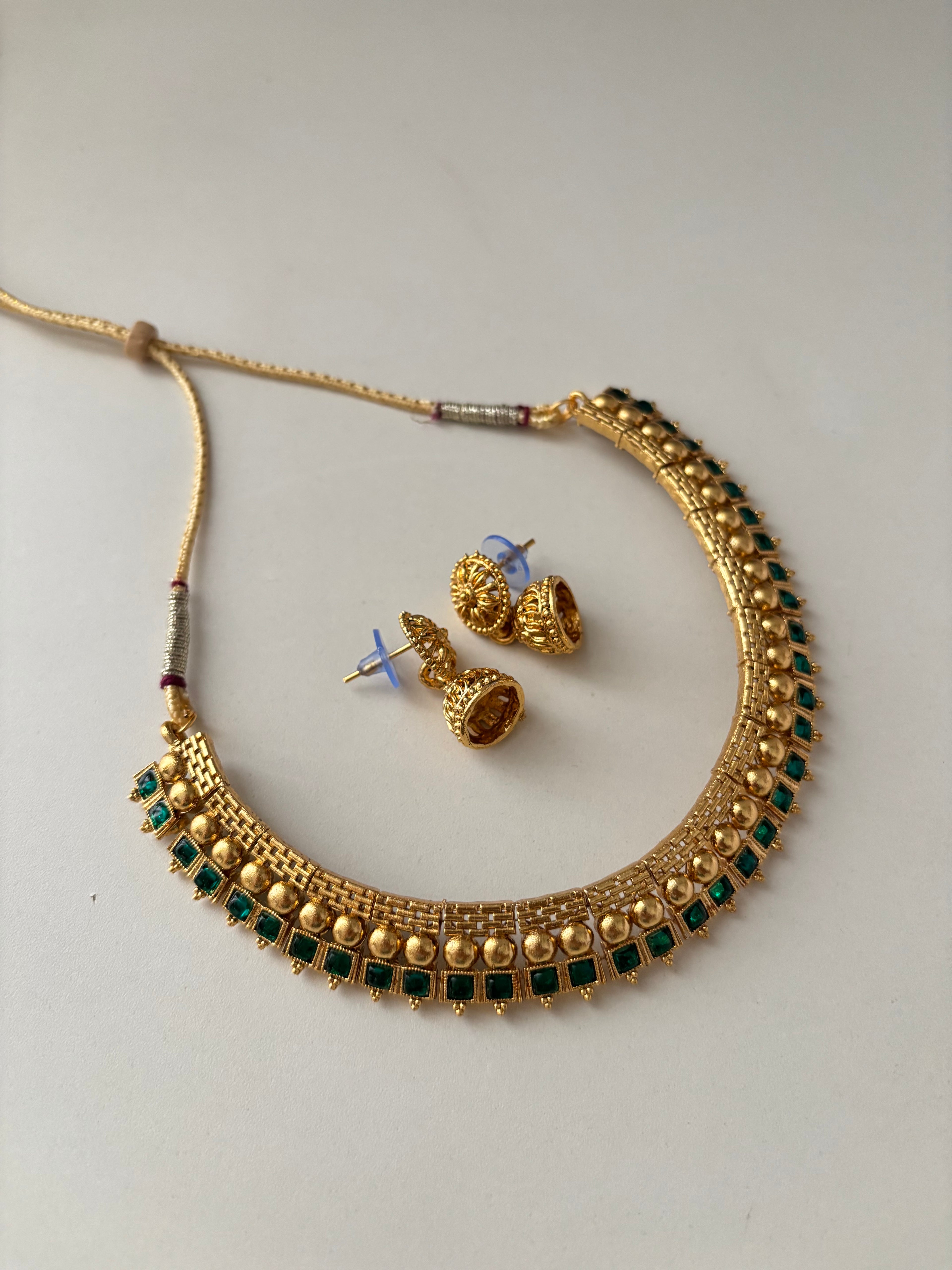 Sleek Gold Look Like Emerald Necklace With Jhumki