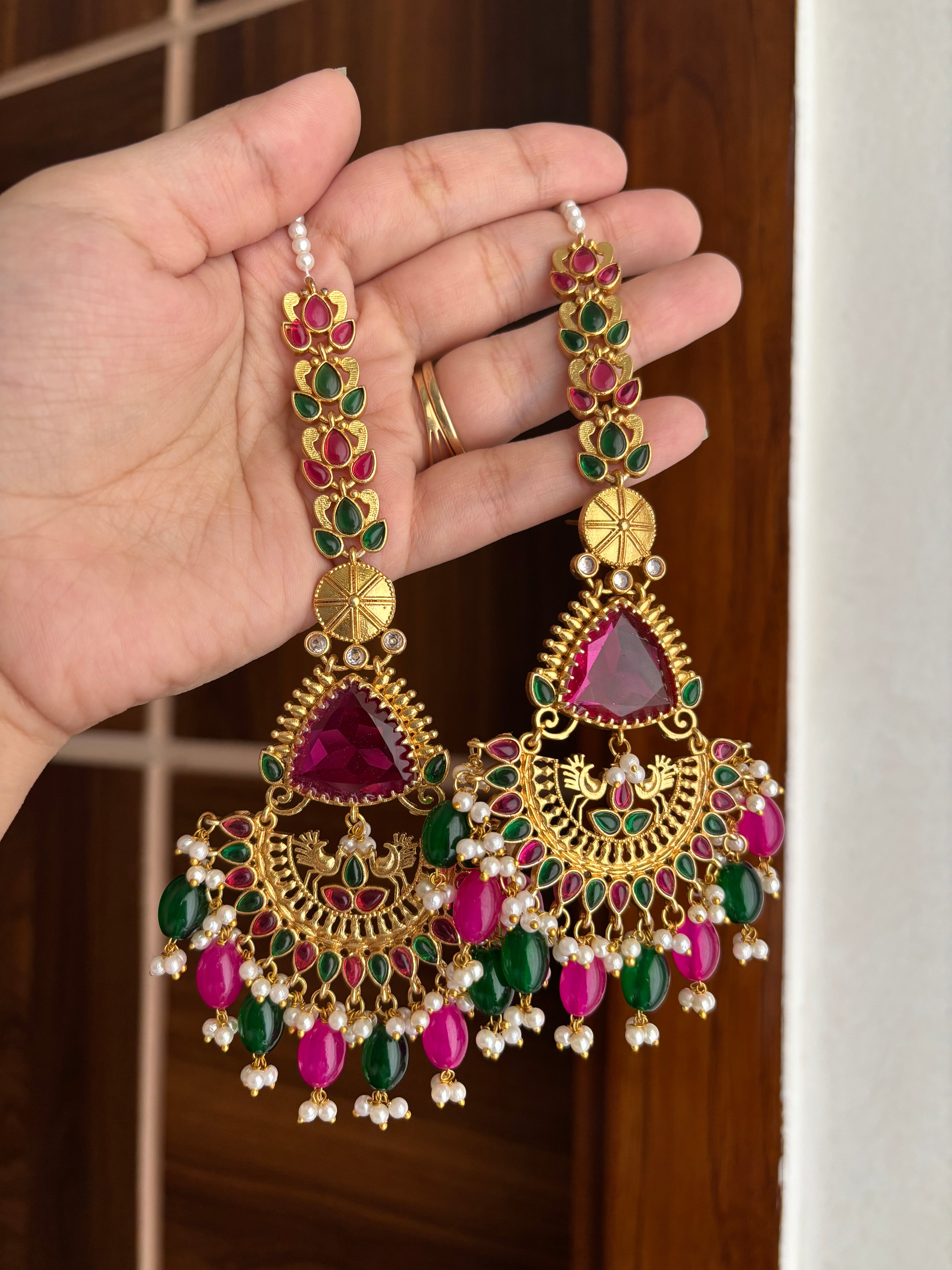 Safeena Statement Earrings With Ear Sahara (Pink & Green)