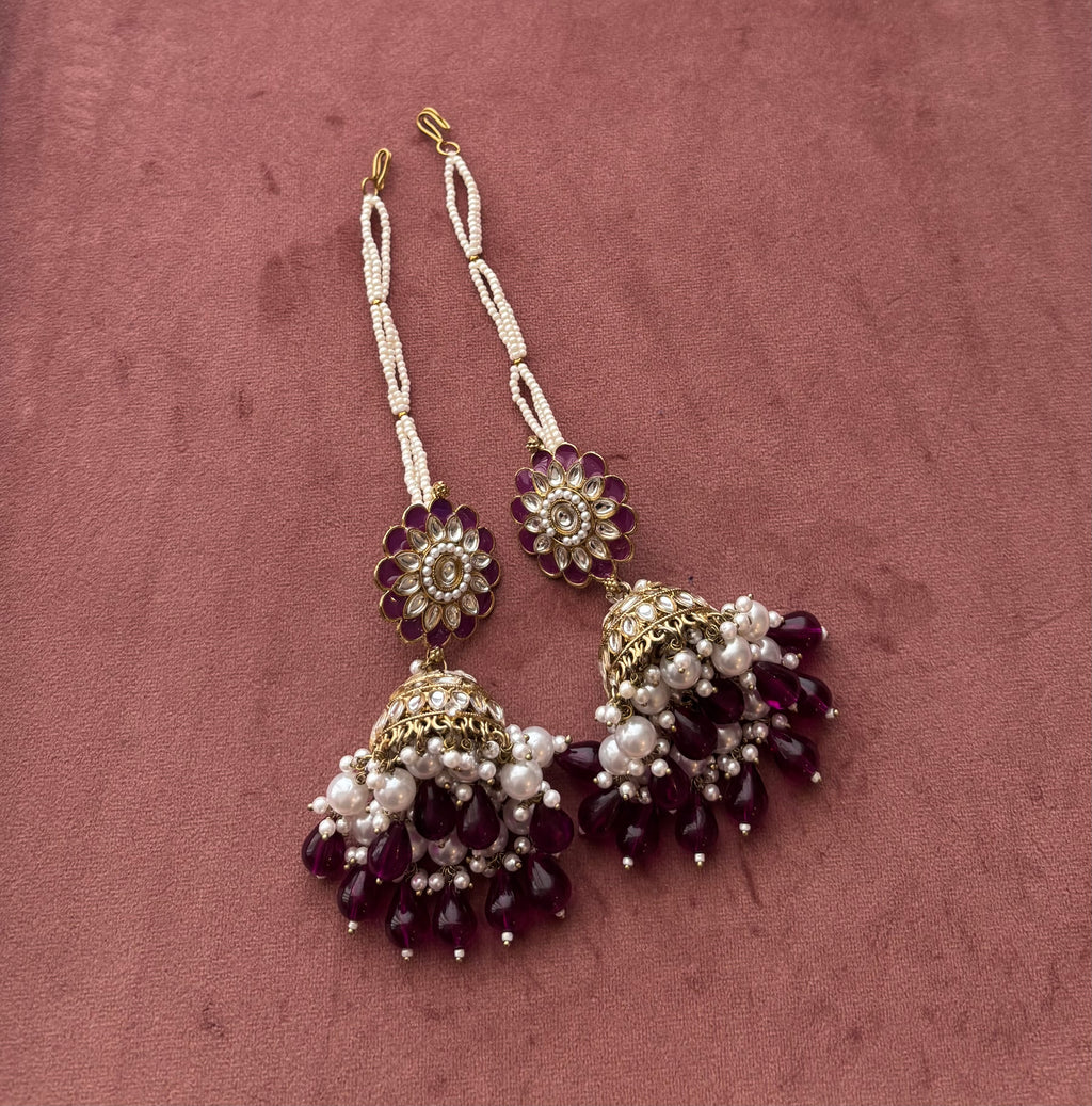 Flower Meenakari & Kundan Touch Jhumkas With Detachable Earchain (Purple)