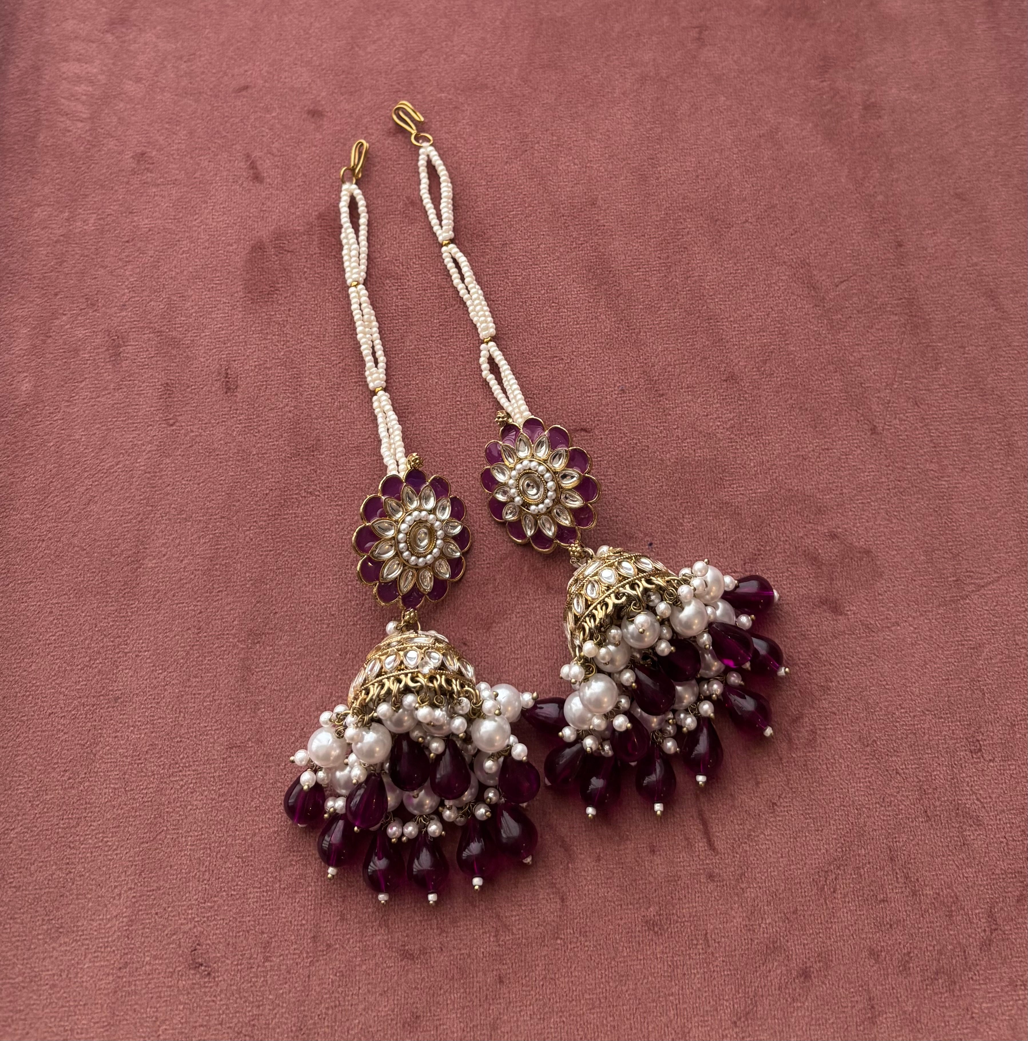 Flower Meenakari & Kundan Touch Jhumkas With Detachable Earchain (Purple)