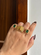 Peacock Touch Statement Double Finger Adjustable Ring (Green)