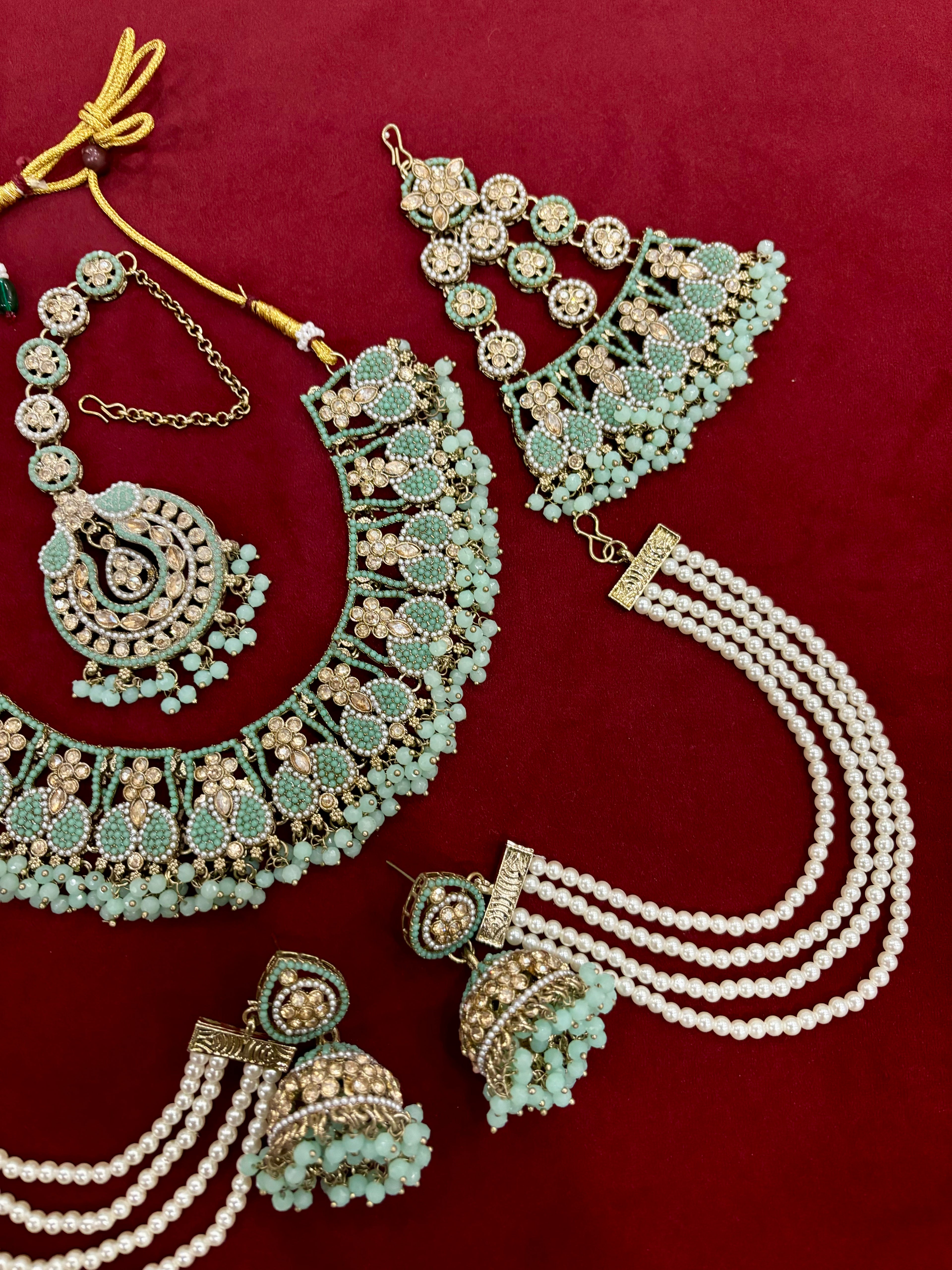 Royal Mughal Necklace with Maang Tikka, Jhumkas with Side Layer & Passa