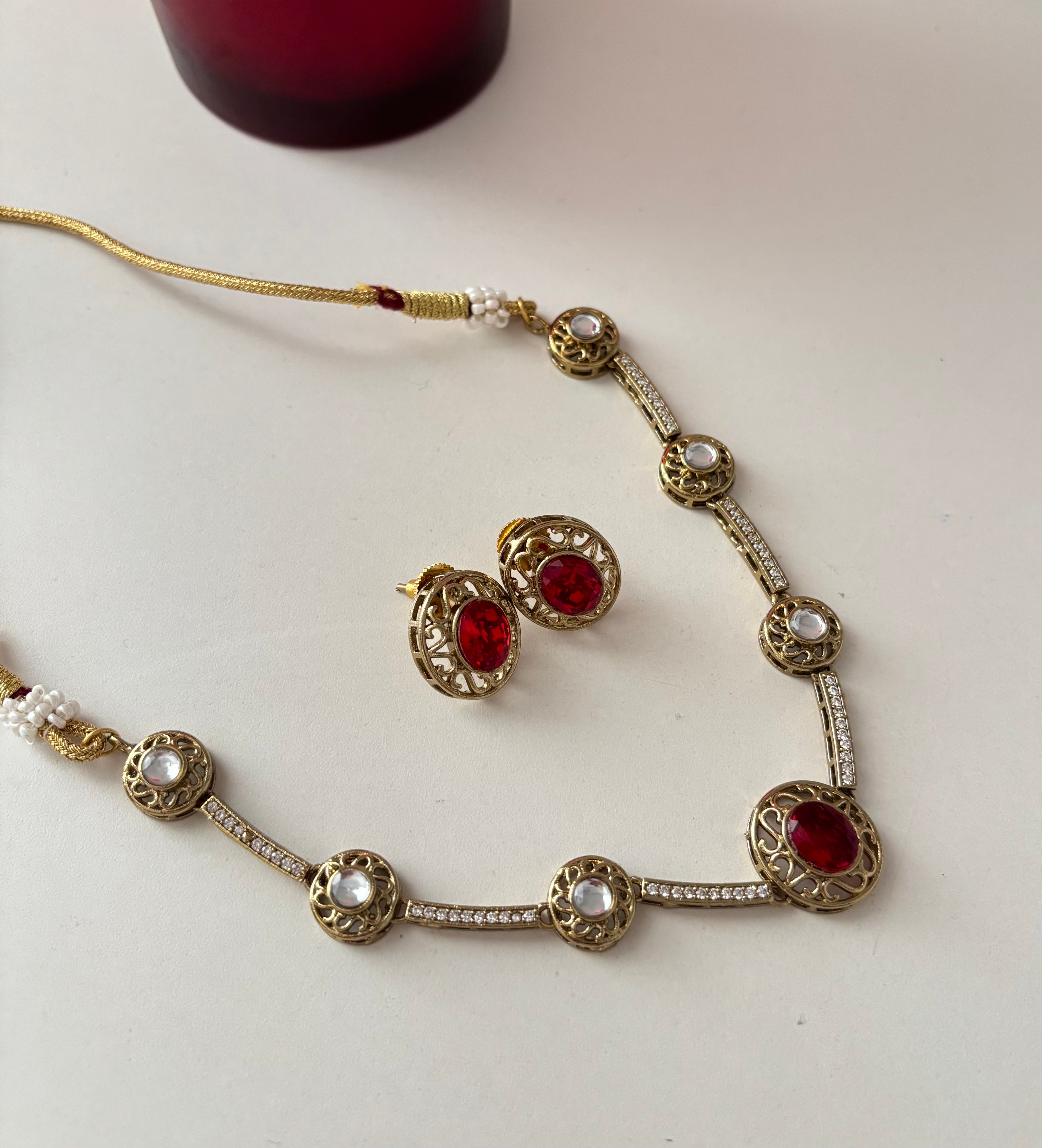 Premium Doublet & Polki Work Necklace With Studs (Maroon)