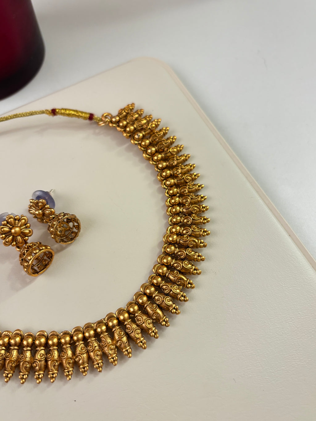 Gold Look Classy Necklace With Flower Jhumkas