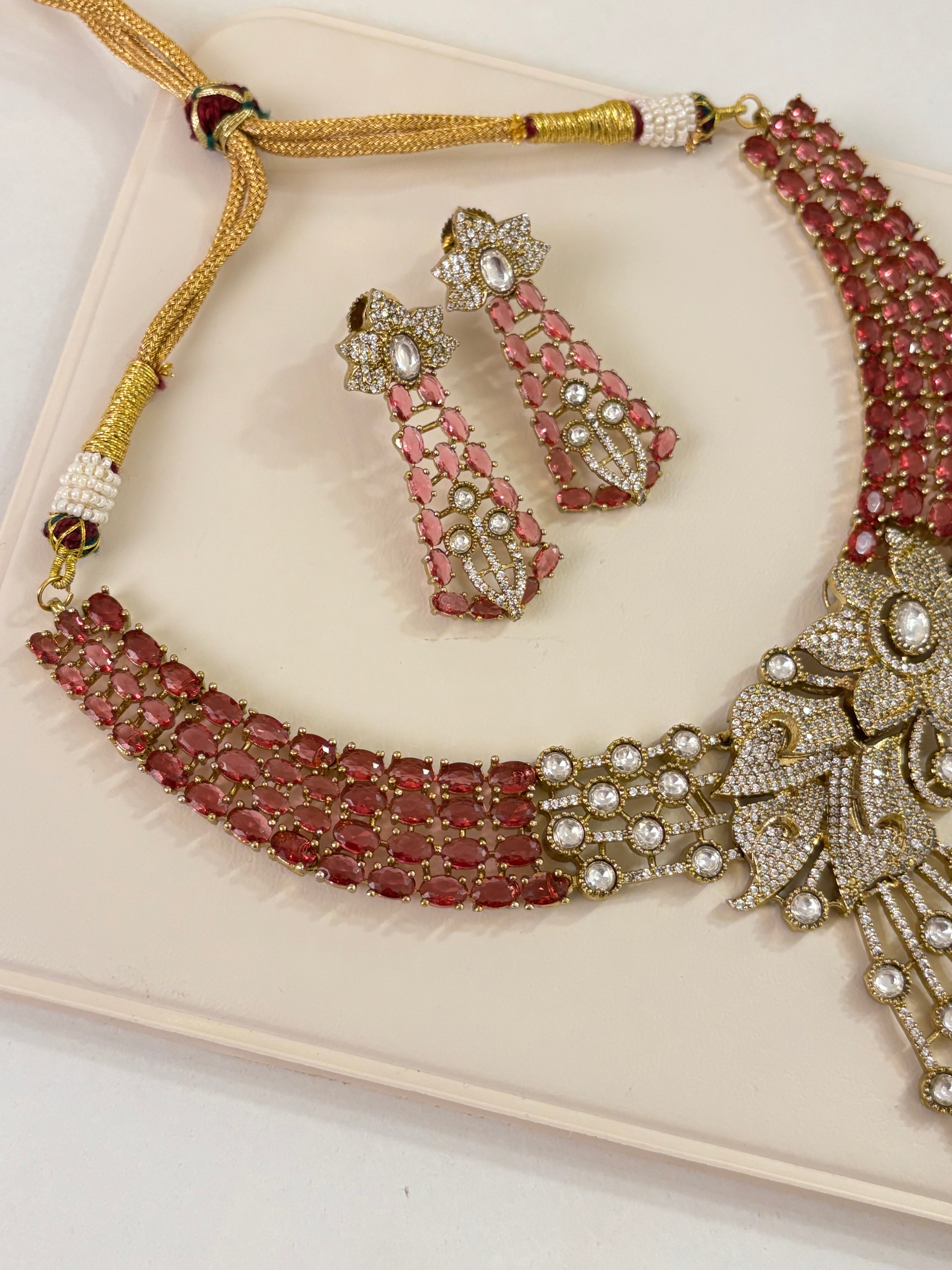 Premium Rose Statement Necklace With Earrings (Ruby)