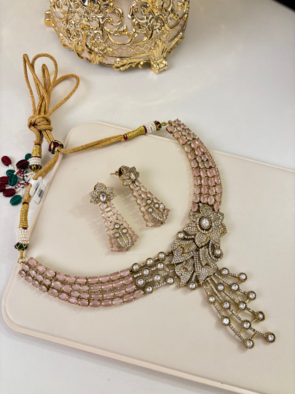 Premium Rose Statement Necklace With Earrings (Baby Pink)