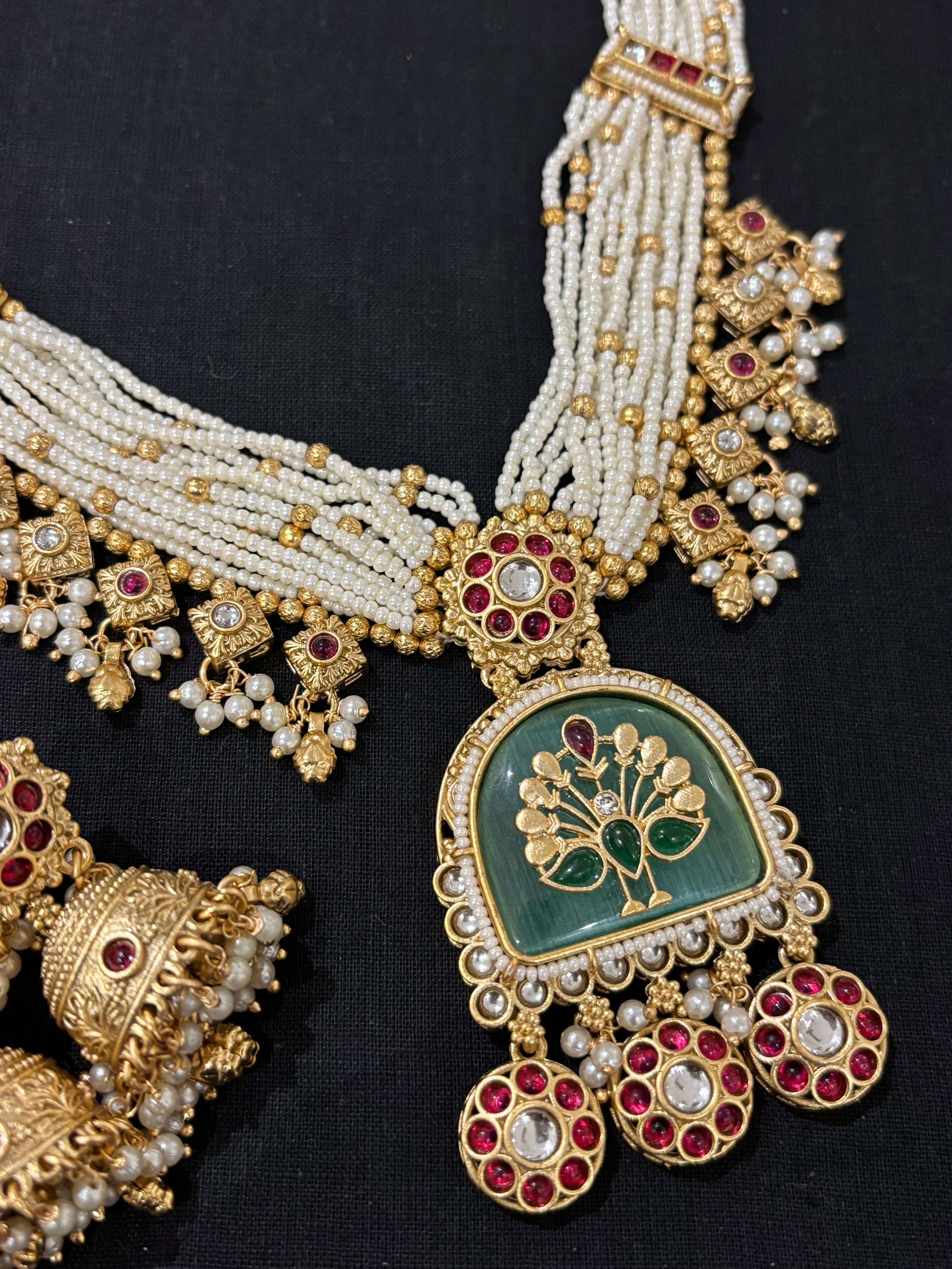 High Quality Designer Heritage Classy Necklace With Jhumkas ( Turquoise)