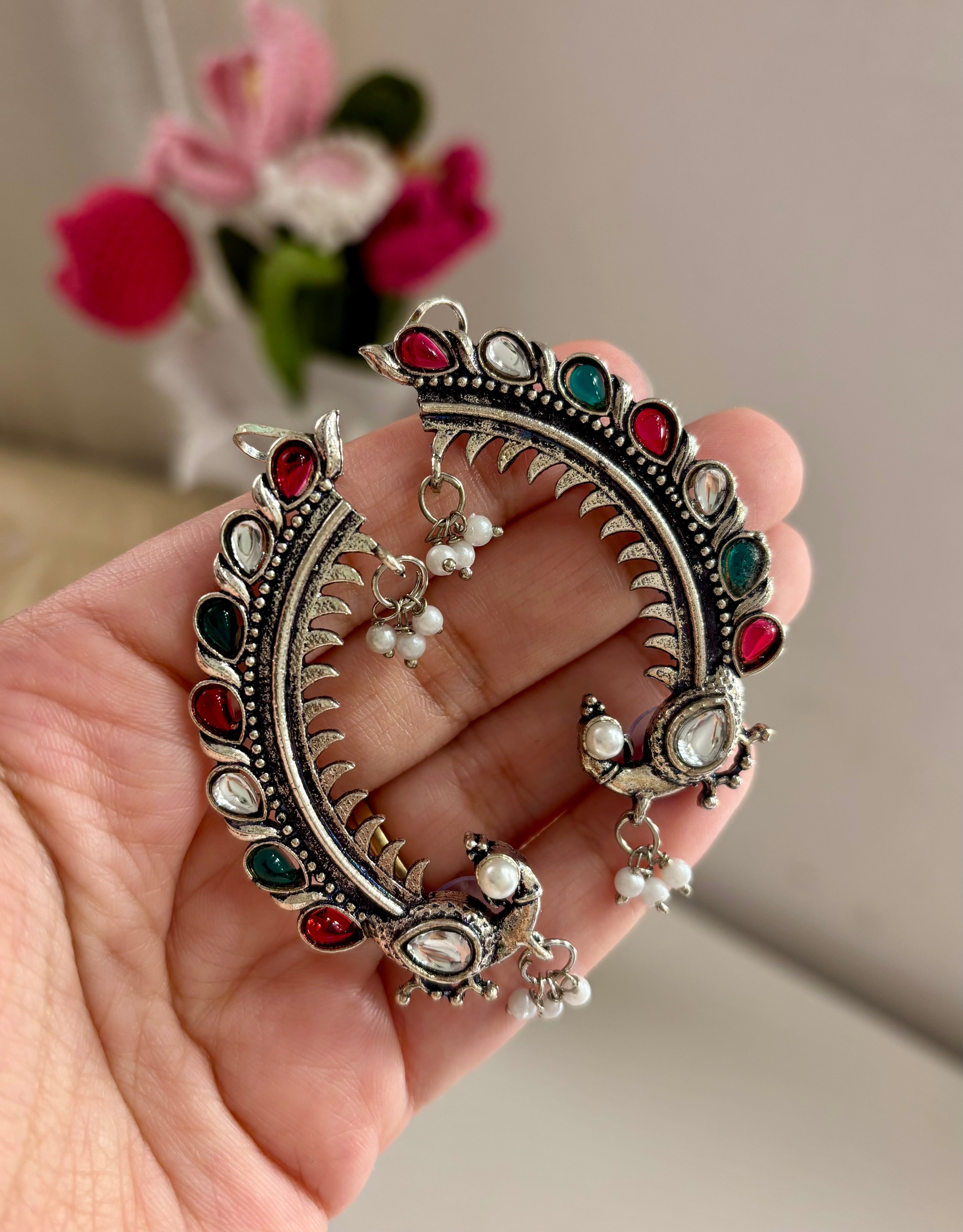 German Silver Dancing Mayuri Earcuff (Ruby & Emerald)