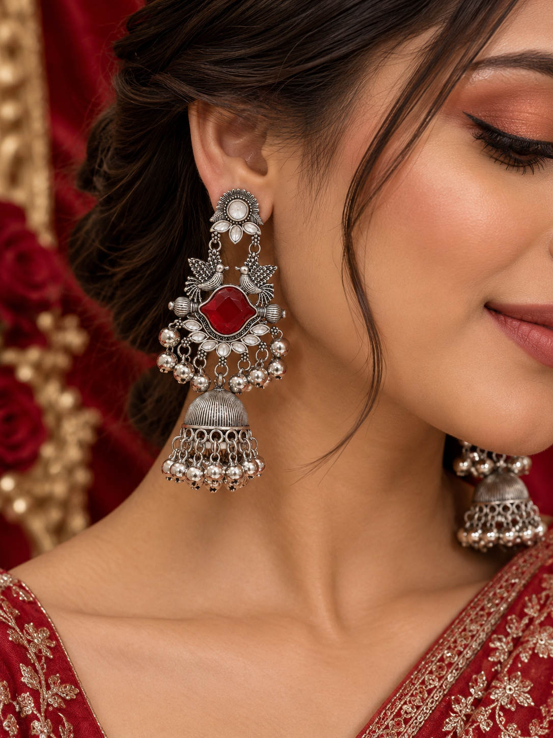 Saloni Silver Jhumkas (Red)