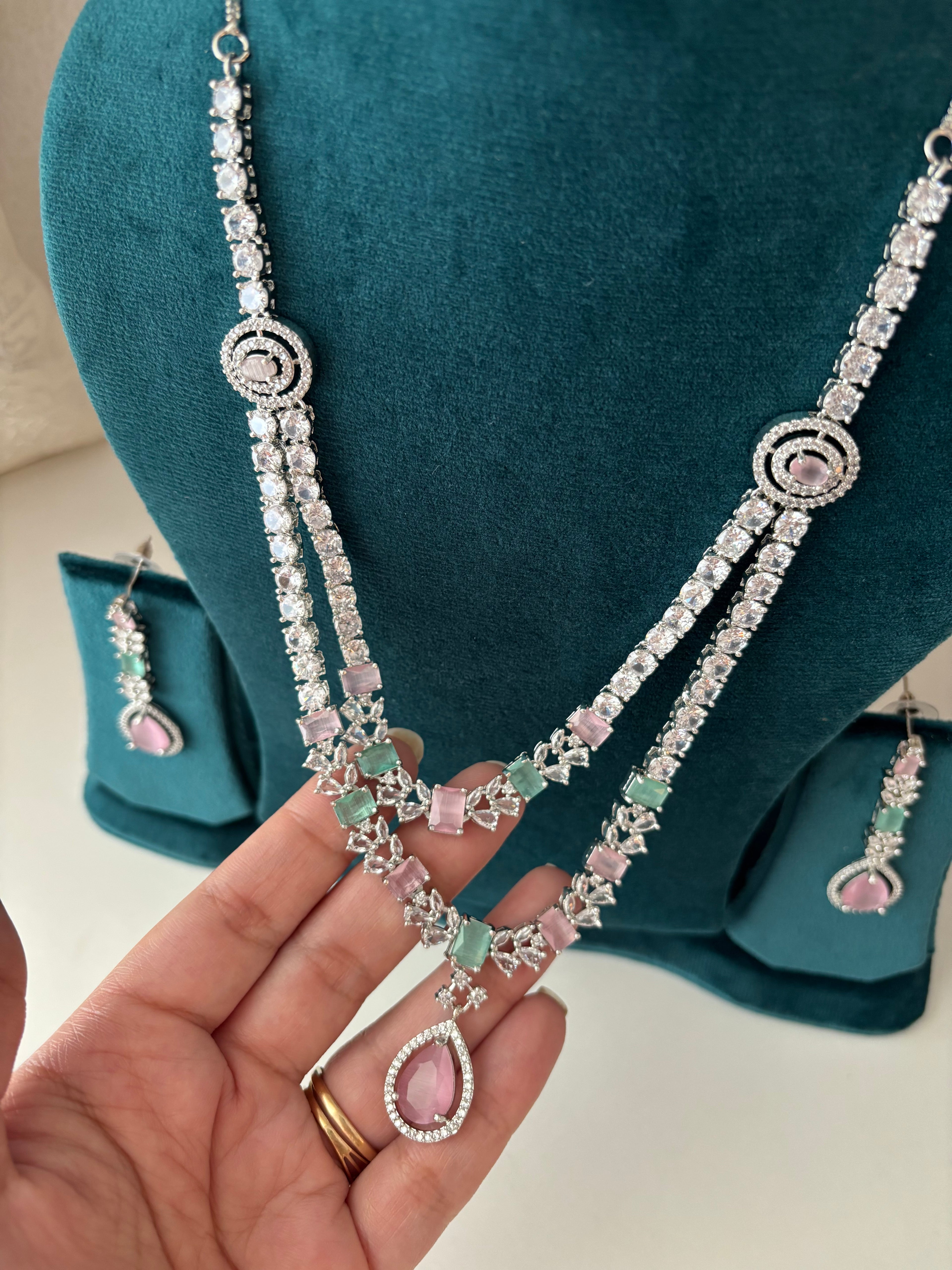 Double Layer Long American Diamond Necklace With Earrings ( Pink Mint)