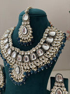 High Quality Designer Heavy Look Necklace With Mang Tikka & Long Earrings (Navy Blue)