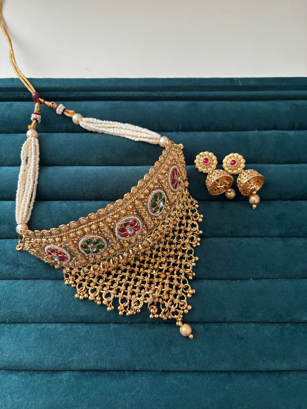 Premium Gold Look Like Heavy Look Choker Set With Jhumkas Design-2