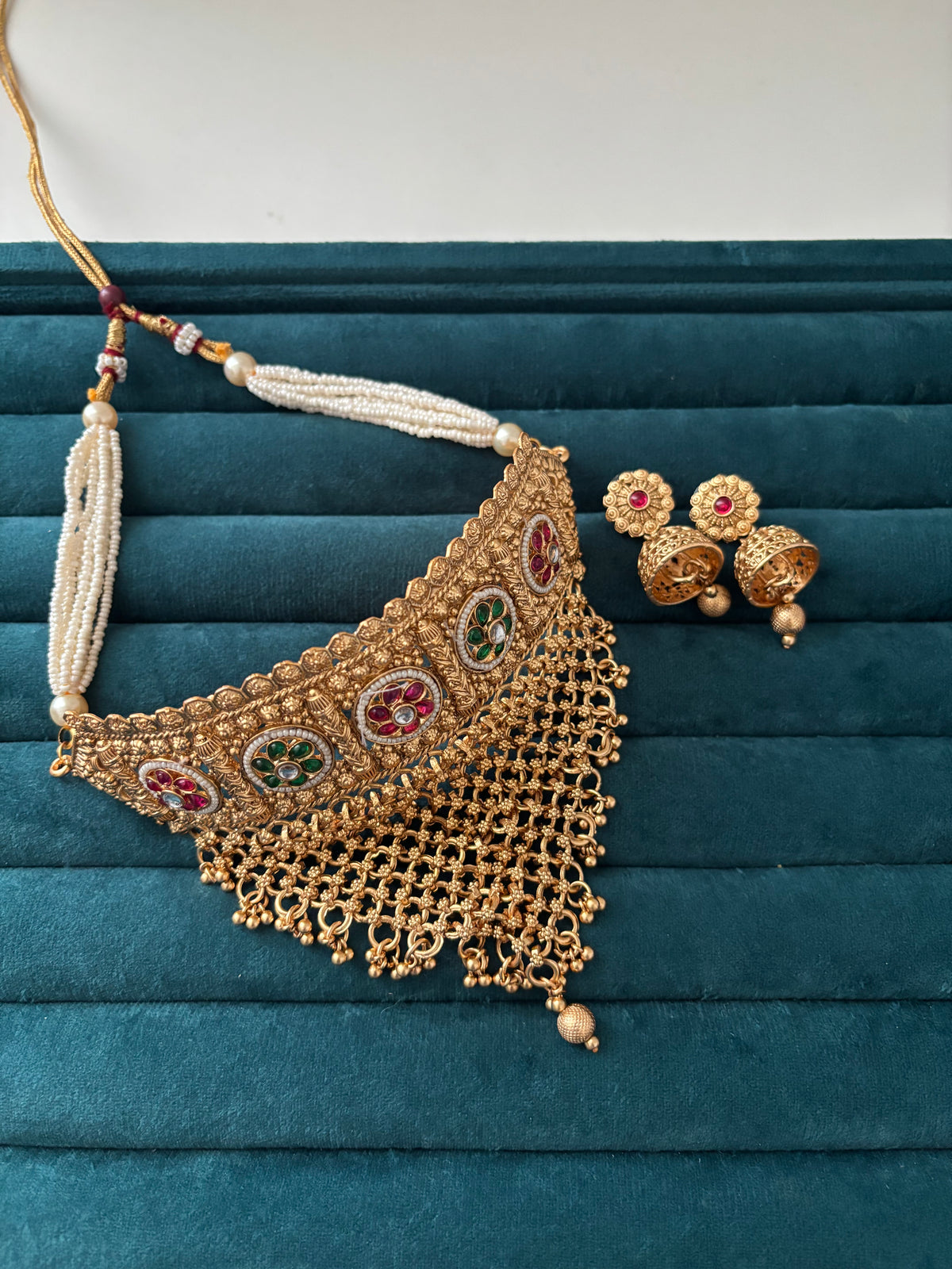 Premium Gold Look Like Heavy Look Choker Set With Jhumkas Design-2
