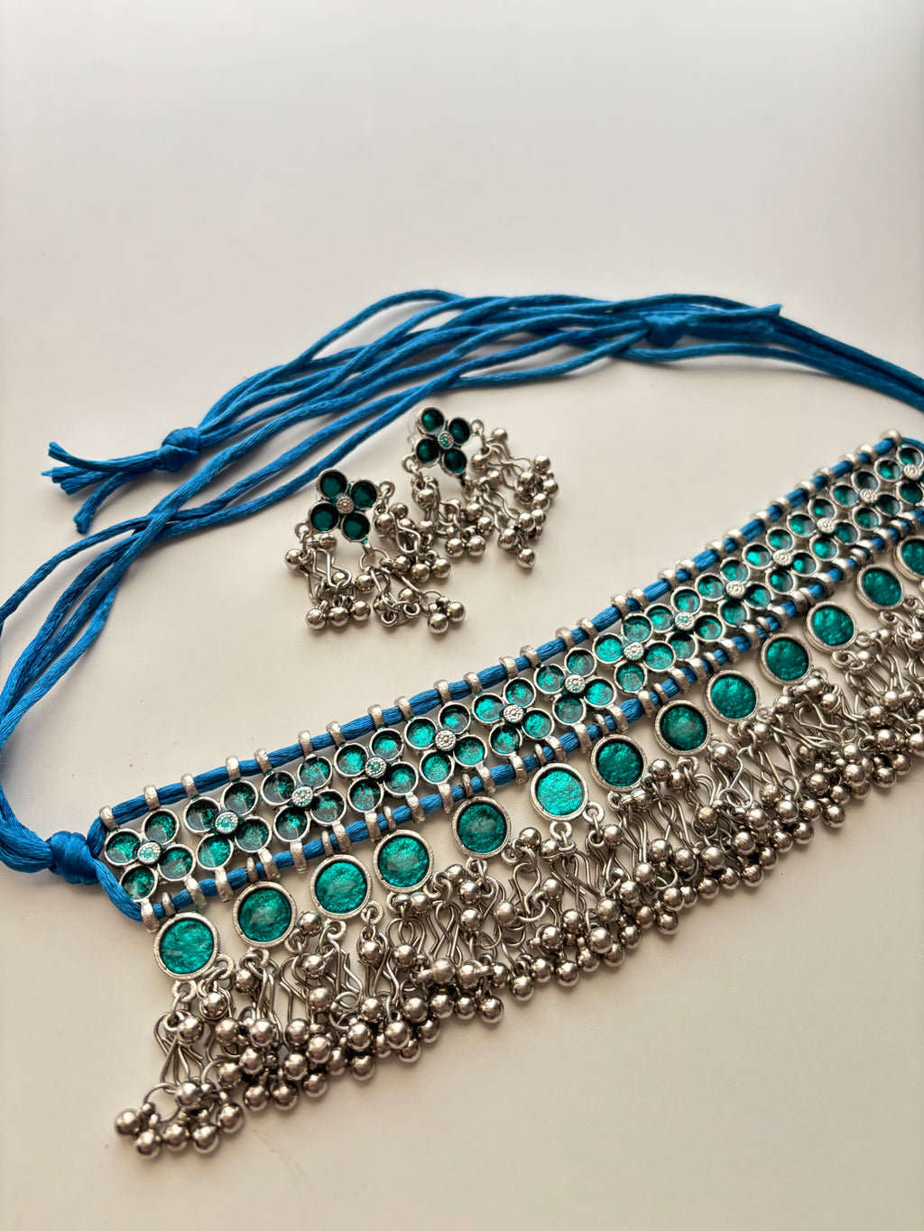 Blue Meena Work Premium Quality Heavy Look Choker Set With Earrings
