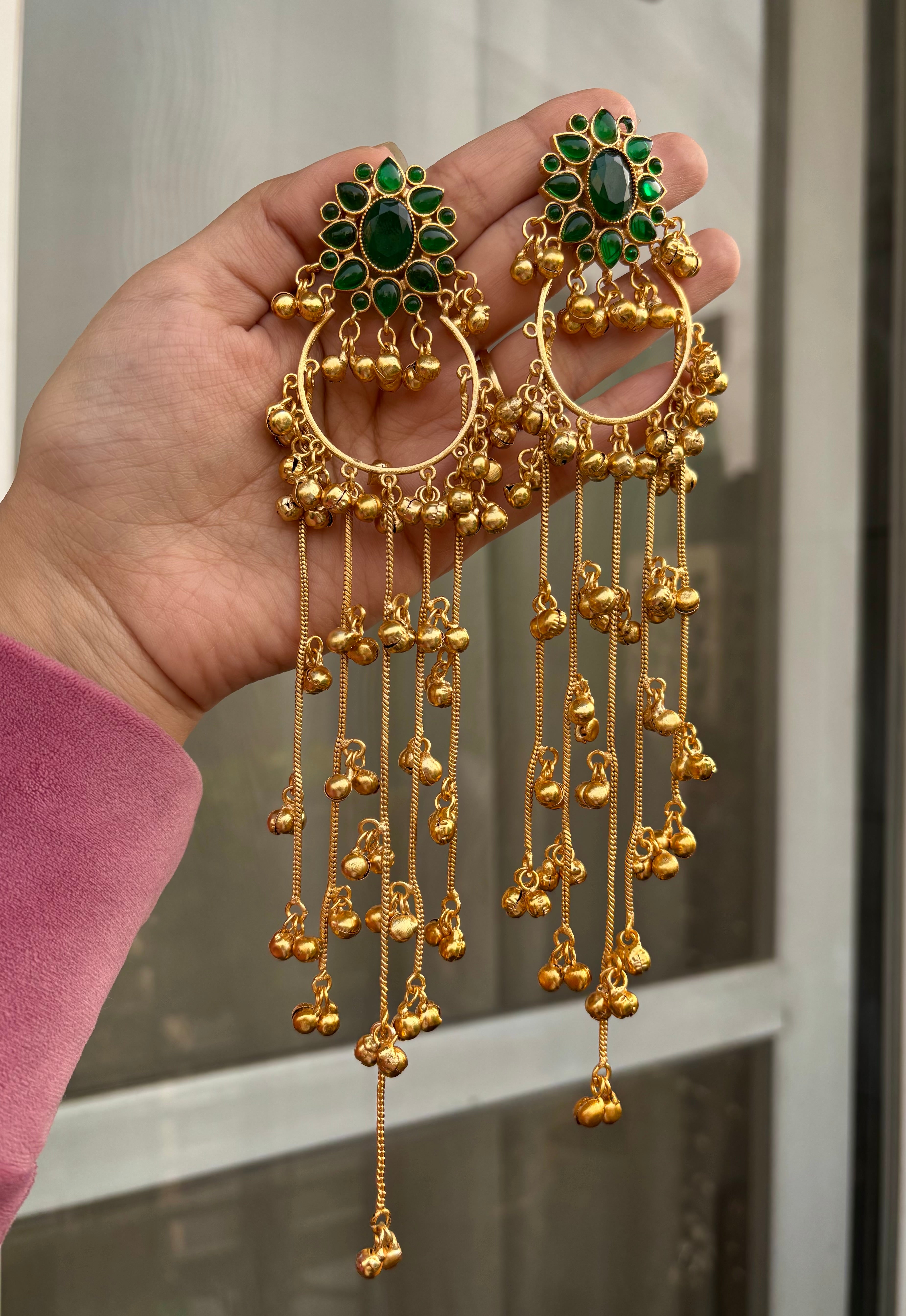 Emerald Green Flower Kashmiri Long Earrings
