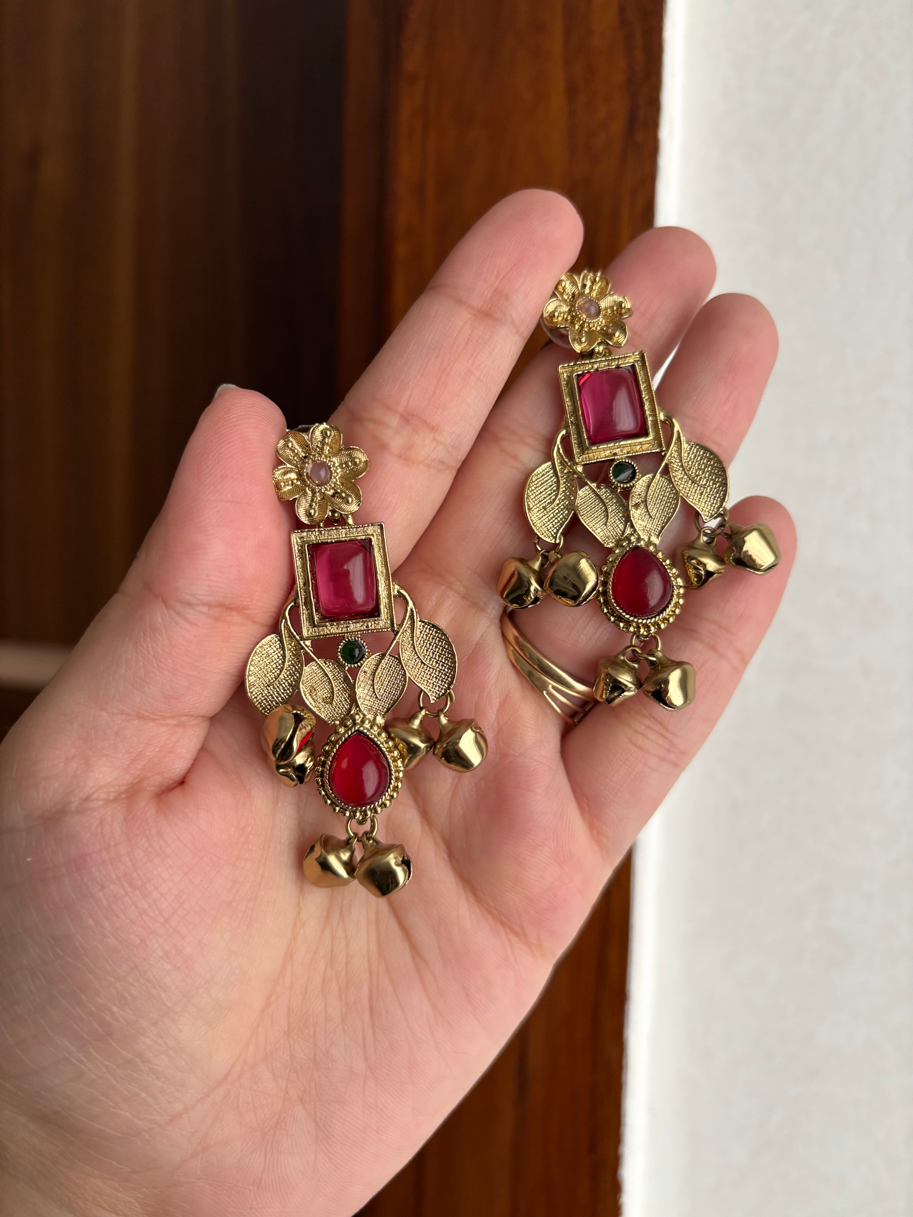Flower Leaf Designer Earrings (Ruby)