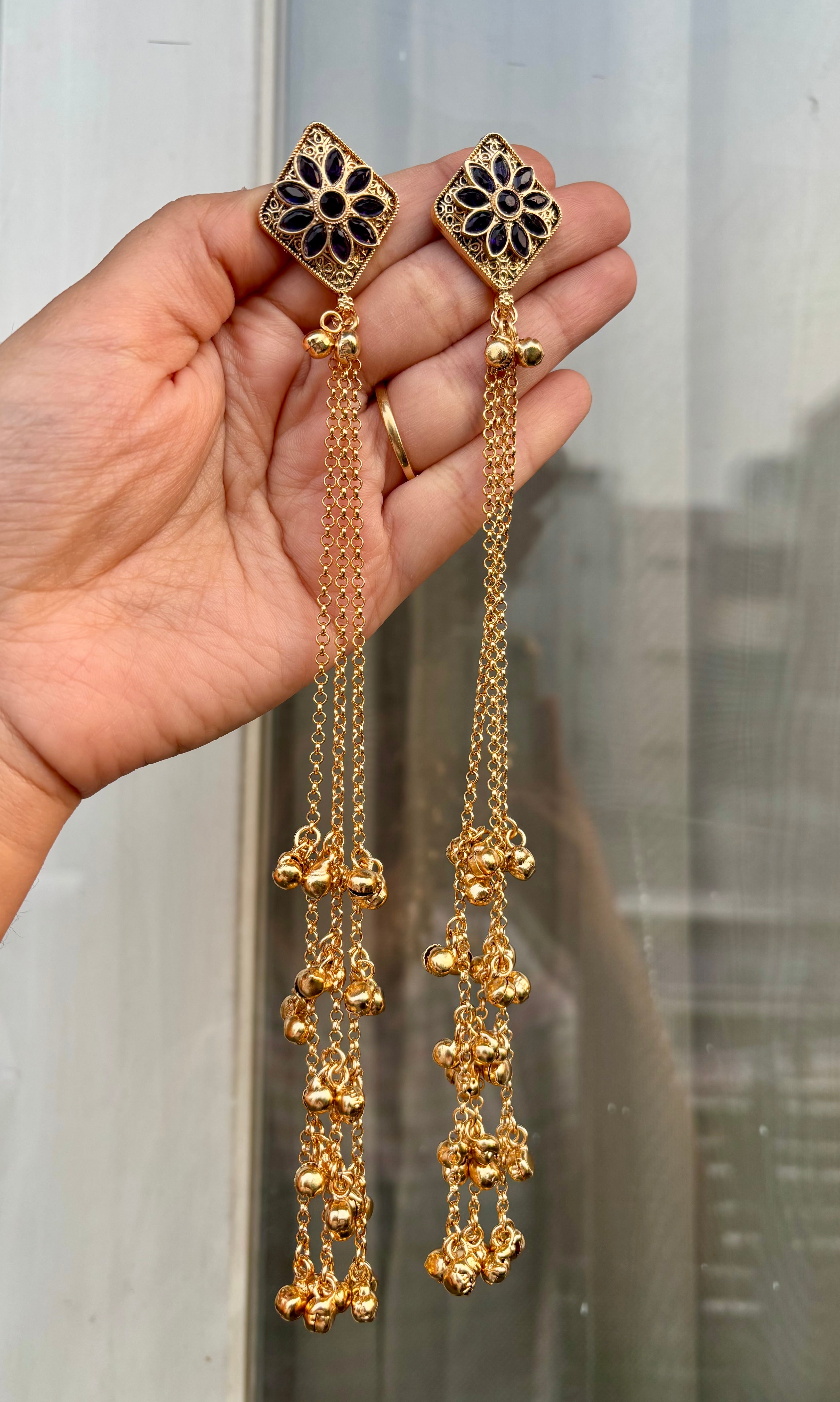 Navy Blue Stud Kashmiri Long Layer Ghungroo Earrings