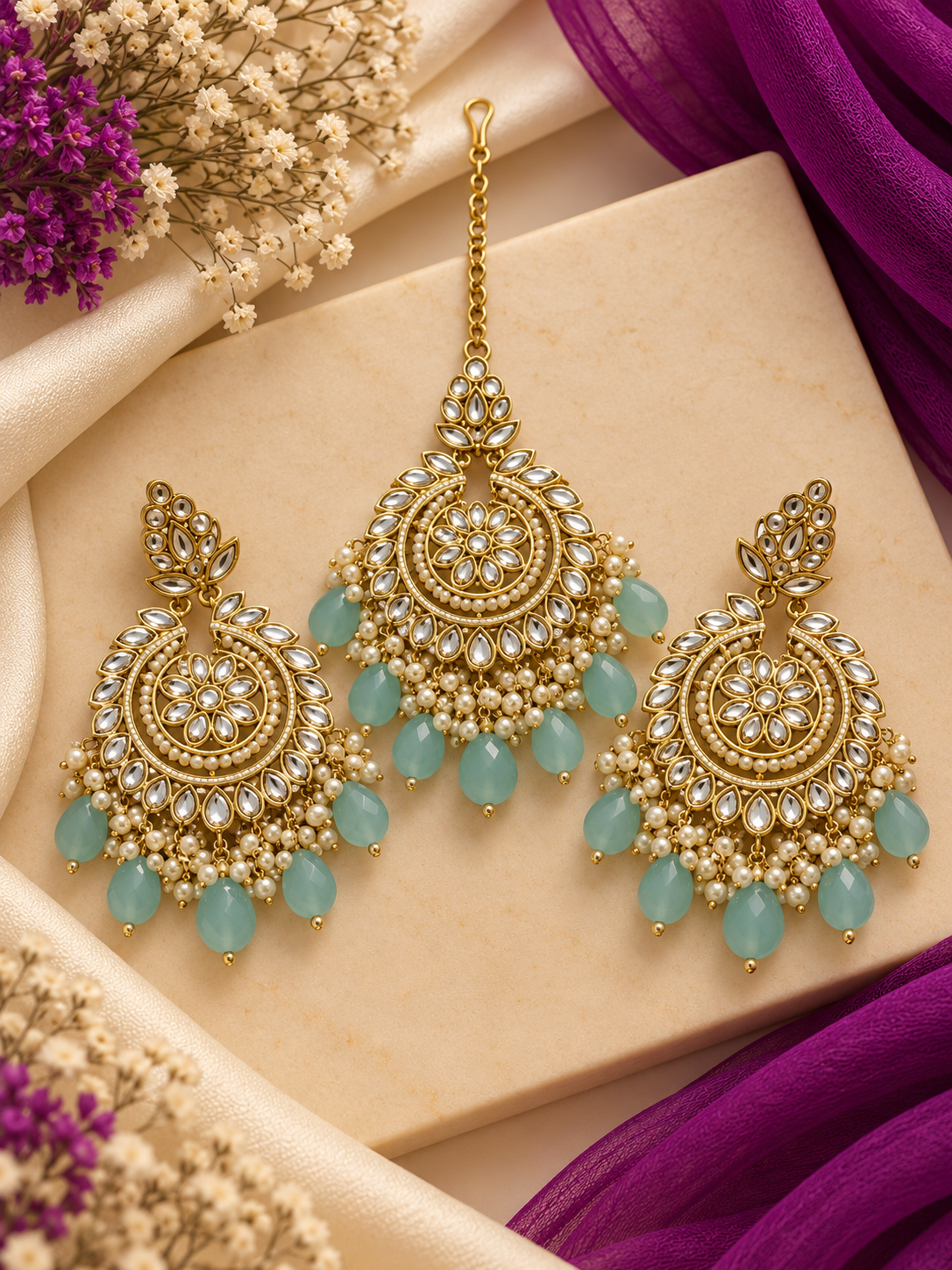 Naina Mang Tikka With Earrings (Powder Blue)