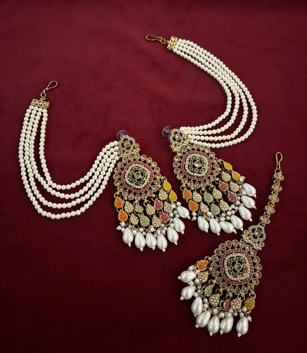 High Quality Designer Jadau Multi Mang Tikka With Earrings In Layers With Side Layers
