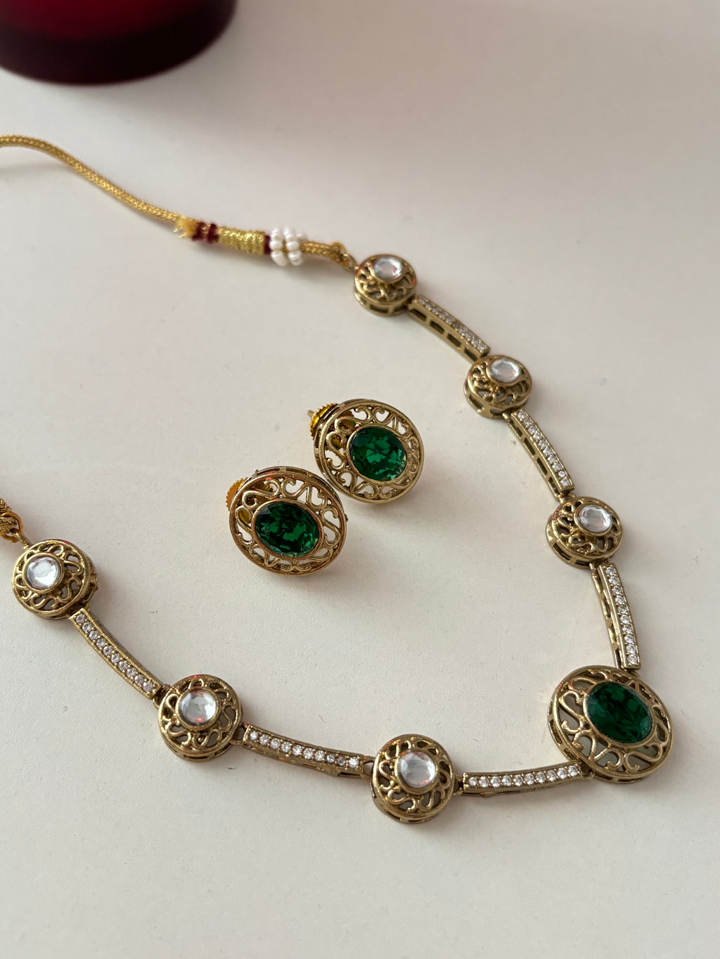 Premium Doublet & Polki Necklace With Studs (Green)