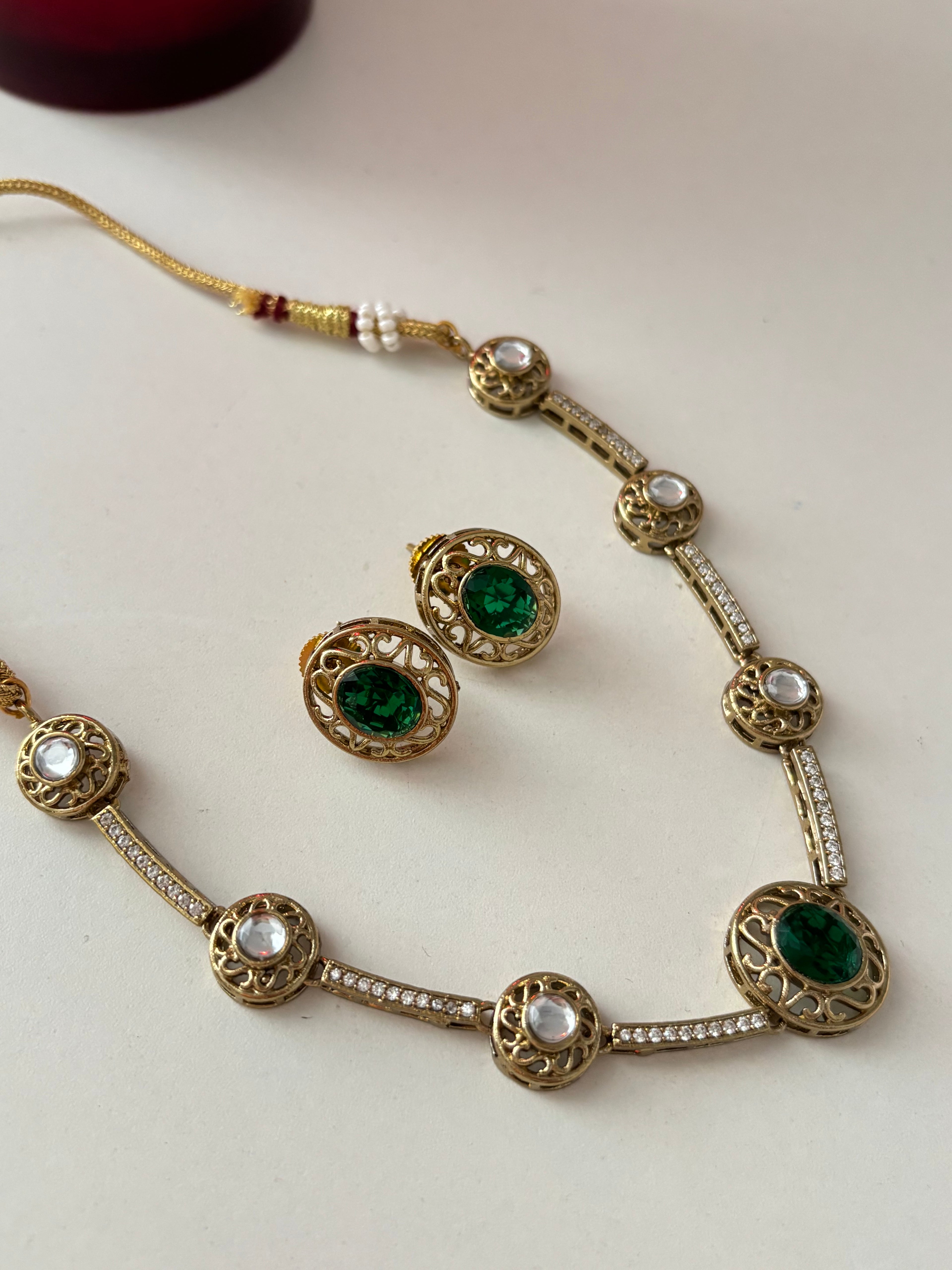 Premium Doublet & Polki Necklace With Studs (Green)