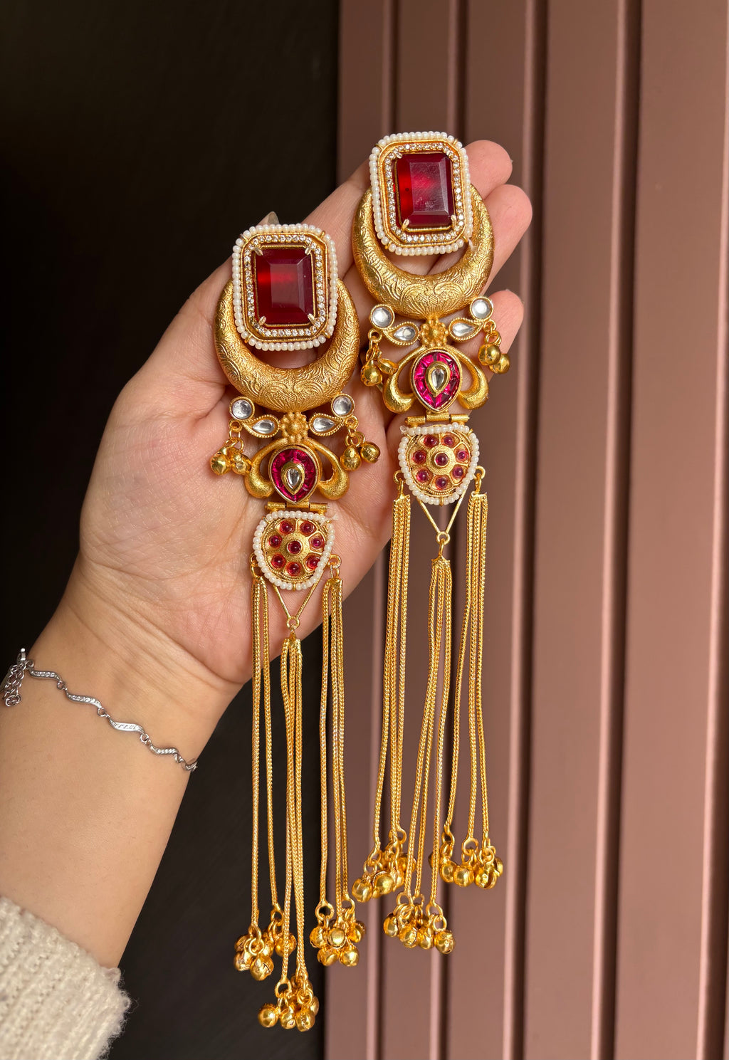 Jasleen Long Maroon Kashmiri Statement Earrings