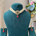 Classy Flower Kundan Choker With Drop Earrings (Ruby & Emerald)