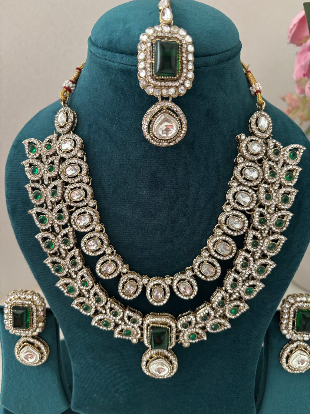 High Quality Designer Victorian Double Layer Necklace With Mang Tikka & Earrings (Green)