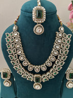 High Quality Designer Victorian Double Layer Necklace With Mang Tikka & Earrings (Green)