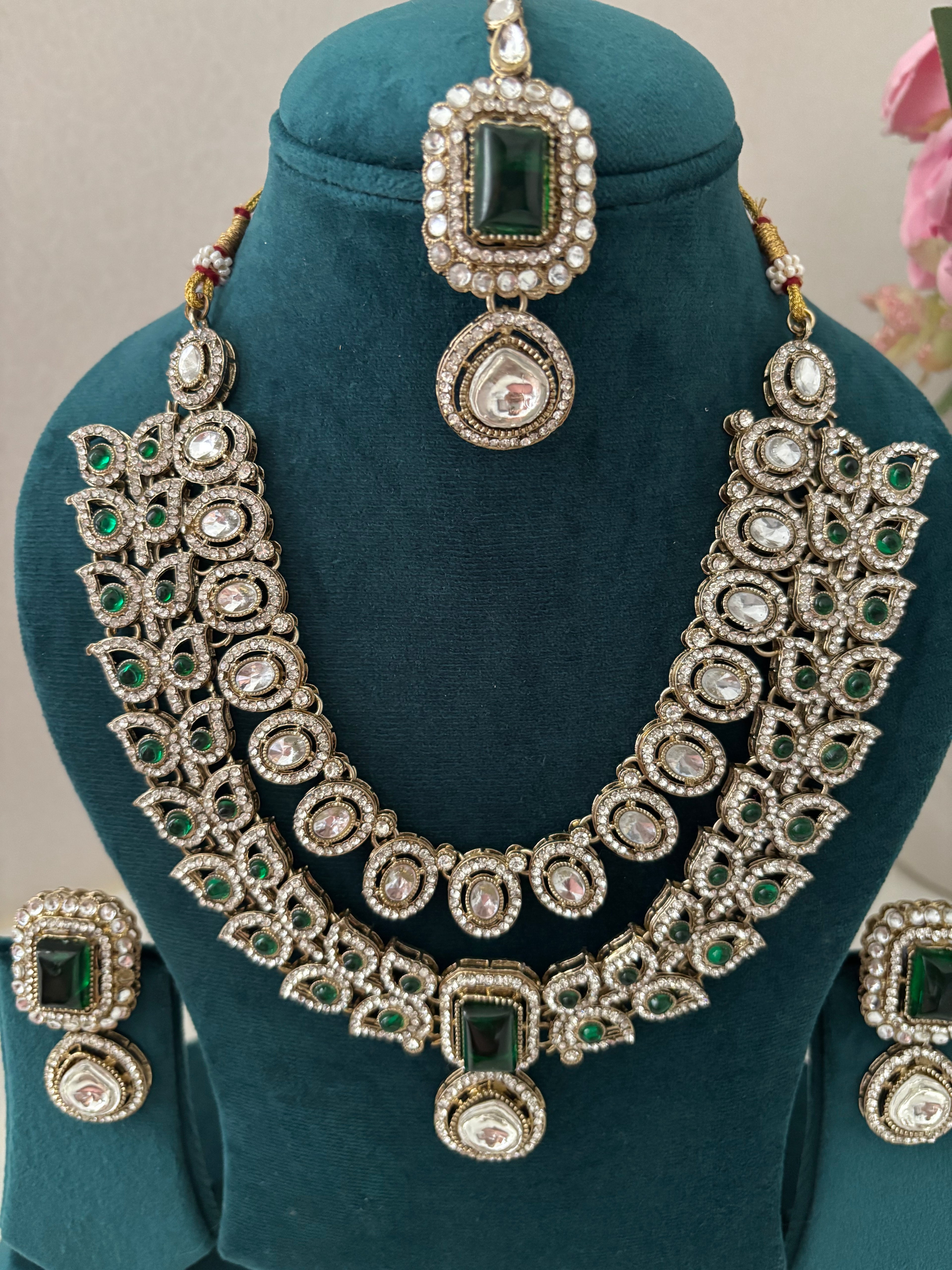 High Quality Designer Victorian Double Layer Necklace With Mang Tikka & Earrings (Green)