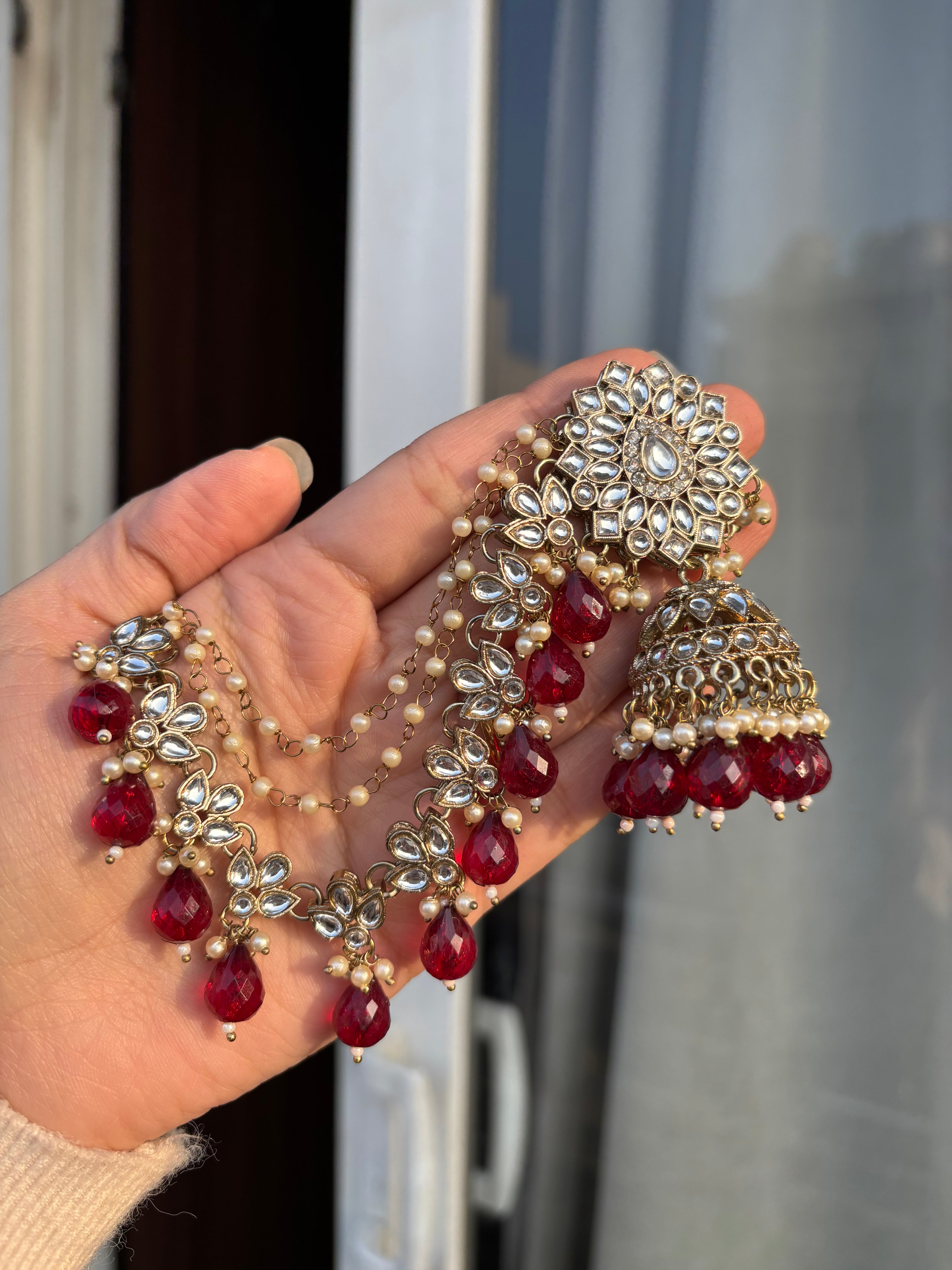 High Quality Designer Maroon Mang Tikka With Jhumkas & Side Layers